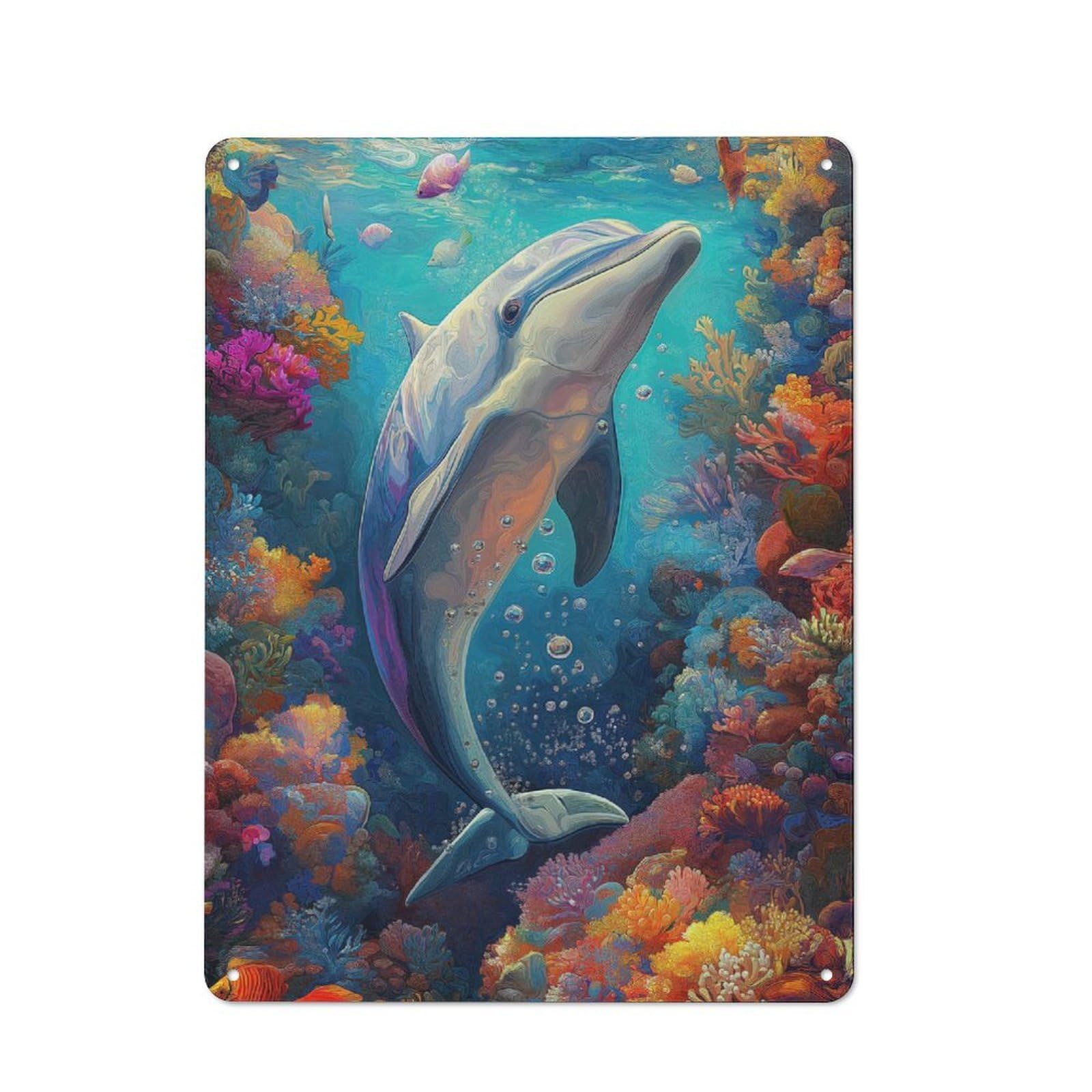 Junmoney The Jumping Dolphin Printed Metal Sign 40X30cm For Studio Or Craft Room, A New Home Present For Creative-Space Collectors