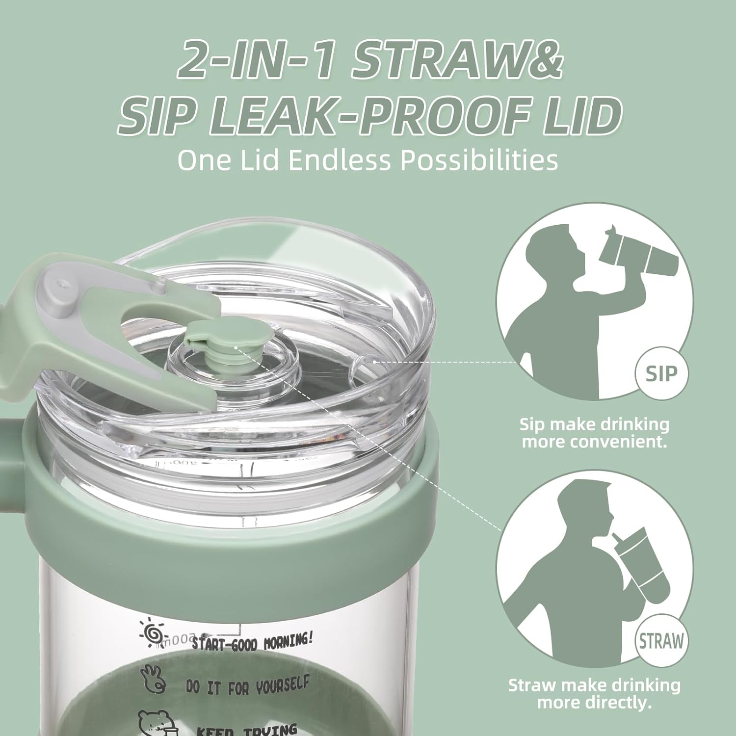 40 oz Glass Tumbler with 2 Lids - Bamboo Straw Lid & 2-in-1 Sip and Flip Straw Lid, Iced Coffee Cup with Handle, Glass Water Bottle with Silicone Sleeve, BPA Free - 1 Pack - Image 3