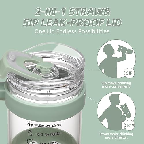 Miniatura 10 de Vaso de vidrio de 40 onzas con 2 tapas, tapa de popote de bambú y tapa de popote 2 en 1, taza de café helado con asa, botella de agua de vidrio con