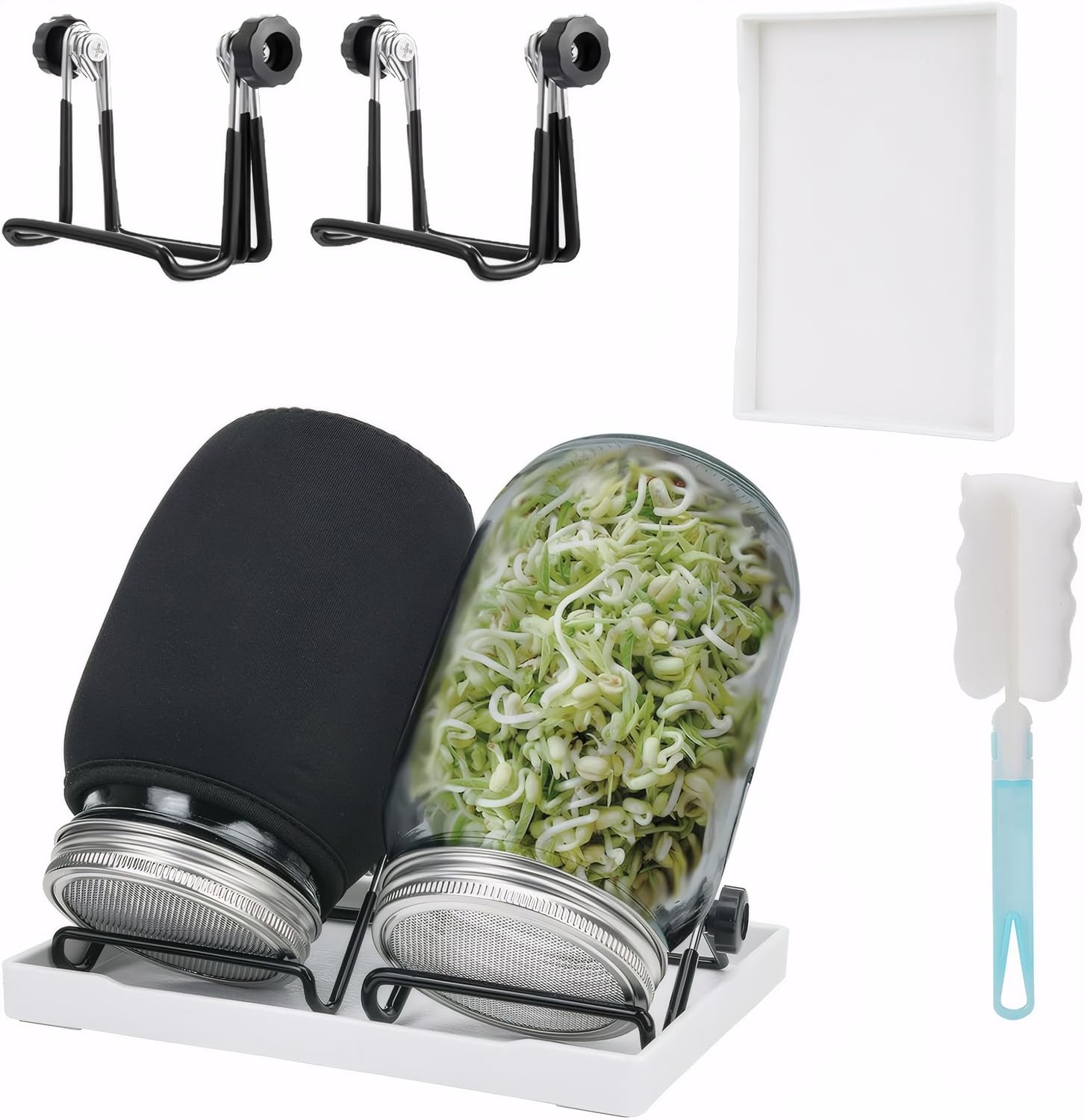 Kit Germination BEAR PAW - 2 Bocaux En Verre 1000 Ml + Support Bambou + Housses Occultantes - Pour Faire Pousser Des Graines Germées