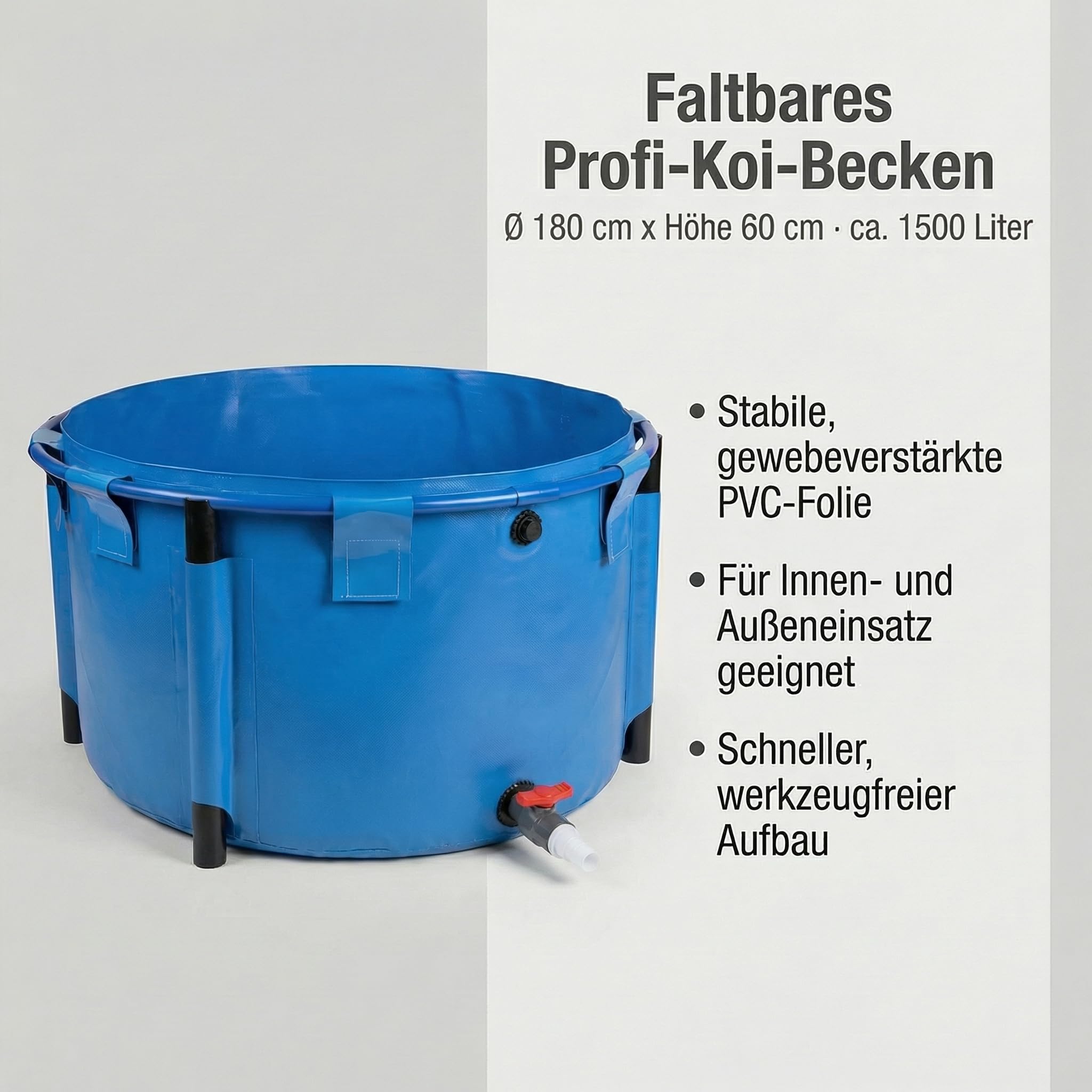 Pondlife Faltbecken für Koi 1500 Liter Ø 180 cm x H 60 cm UV-beständige gewebeverstärkte PVC-Folie randstabil mit Stützbeinen faltbar