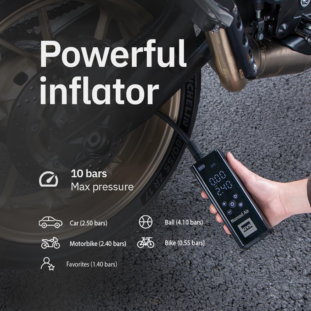 GYS, Nomad AIR, compresseur portatif Ultra-Compact, 10 Bars, 3 en 1 : Compresseur + Power Bank + Lampe pour Ballon, vélo, Moto, Voiture