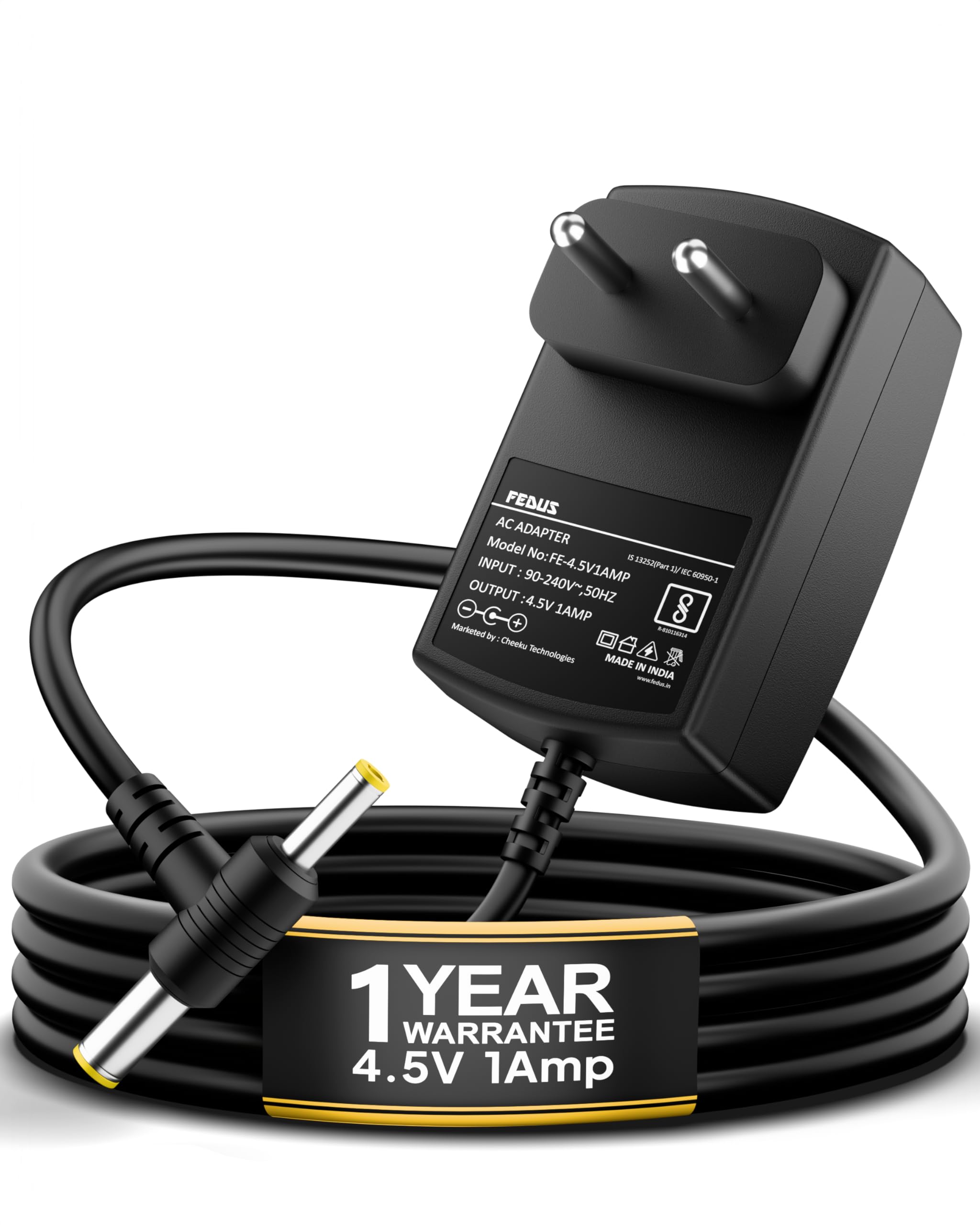 FEDUS 4.5 Volt 1 Amp Torch Light Charger DC Power Supply Adapter, Dual Pin Compatible with All Rechargeable Torches and Emergency Lights Toys & Electronics Products Up to 4.5V 1a