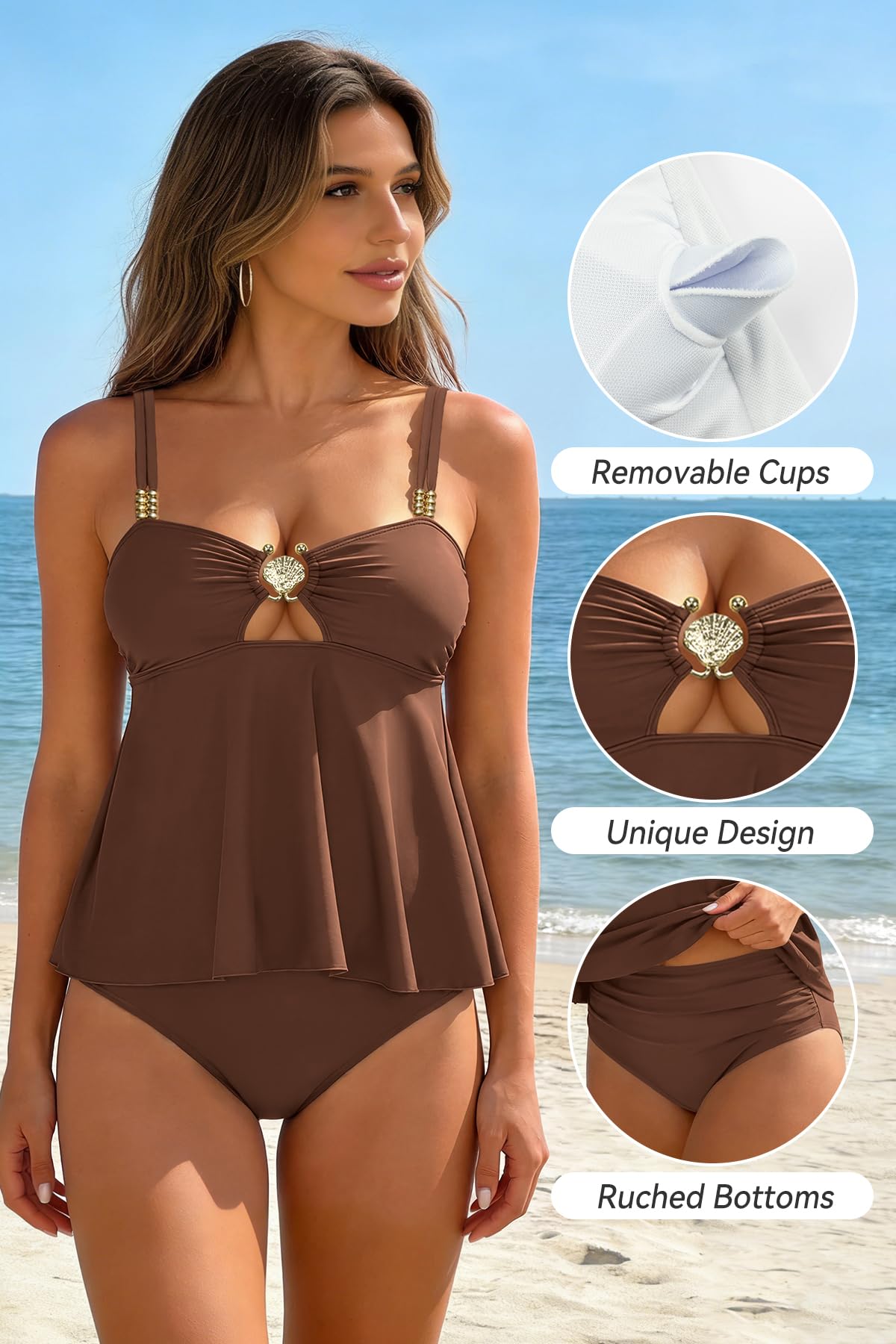 SHEKINI Tankini pour femme - Taille haute - Bikini 2 pièces - Push Up - Maillot de bain pour les loisirs - Pour l'été, la plage, les vacances