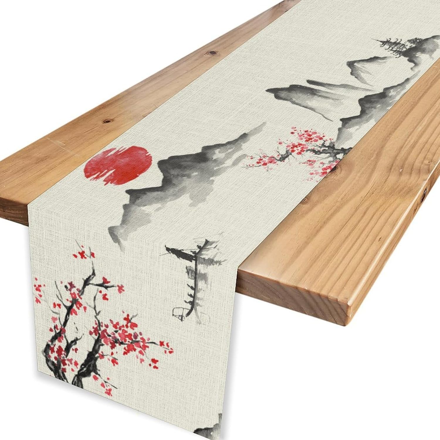 Chinese Landscape Table Runner, Traditional Vintage Asian Oriental Line Art Cherry Blossom Nature Print Table Runner for Home Party Kitchen Dining Table Wedding Party Decor 13"x108"
