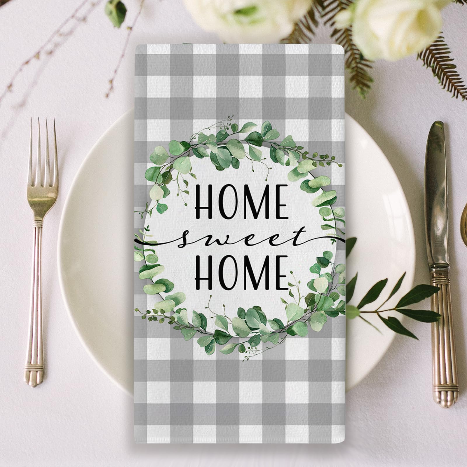 Seliem Sweet Home - Set di 2 strofinacci da cucina con foglie di eucalipto, per asciugare e cucinare, motivo scozzese grigio, decorazione per la casa, 45 x 66 cm