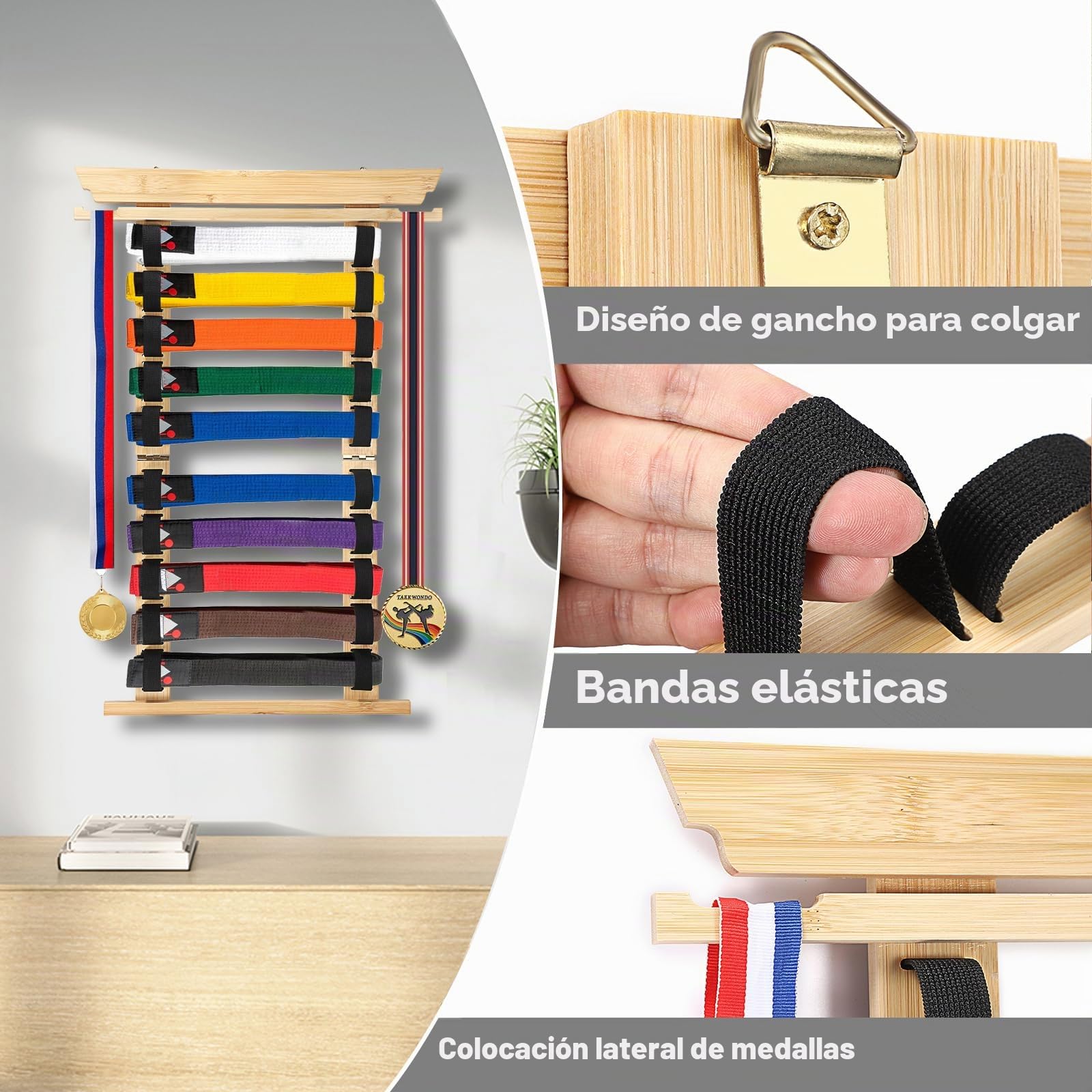 SUMNACON Soporte para cinturón de artes marciales, incluye 10 cinturones de bambú para taekwondo, soporte de pared para judo, karate y ninjitsu