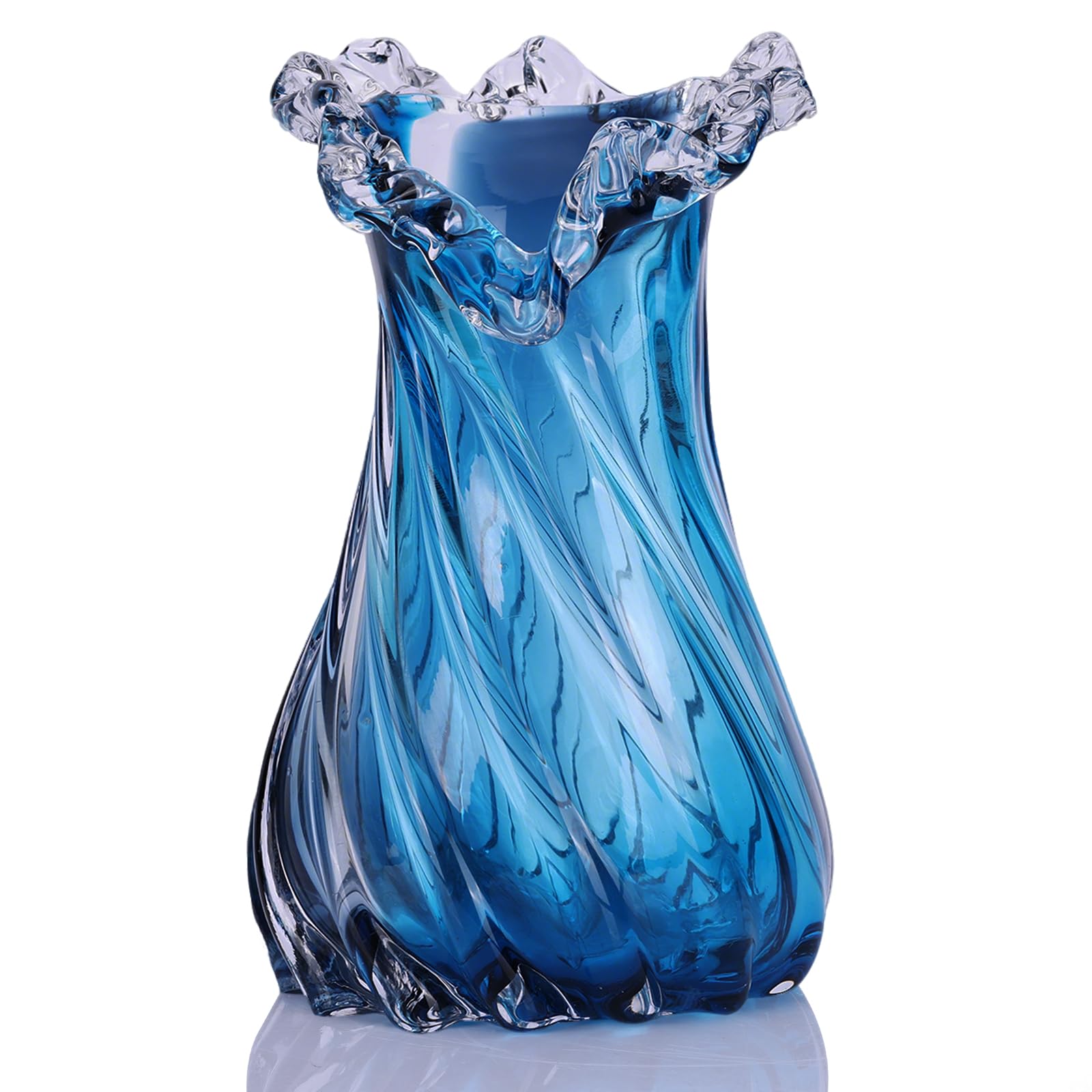 Hand-Blown Blue Glass vase, Wide-Mouth Decorative vase, Blue Glass vase, Suitable for centerpieces on Dining Tables, Living Room Coffee Tables, TV Stands, entryway Decor, and Office Desk Accents.(M)
