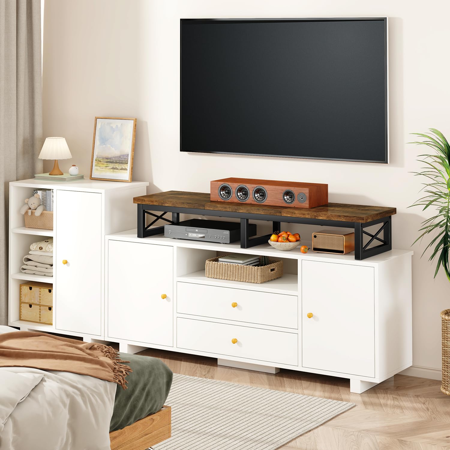 IBUYKE Mobile TV da 32-60 inch TV, Mobiletto Basso per TV a 2 Ripiani,scrivania per ufficio a doppio schermo,Mobile TV per Soggiorno e Camera da Letto,Marrone rustico TVT002H