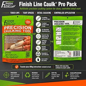 Precision Caulking Tool Pro Pack Refillable Caulking Syringe Applicator Kit with Micro-Fine Replaceable Tips for Baseboards, Trim, Small Cracks & Detail Sealing