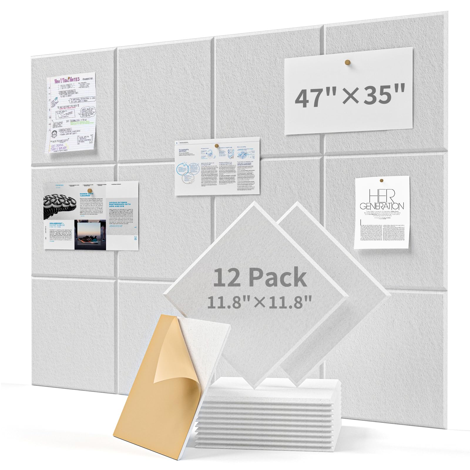 Soundsbay Large Cork Board, 120x90cm Felt Wall Tiles Self-Adhesive, 12 Pack Bulletin Board, Pin Board for Walls Office Home Classroom Decor