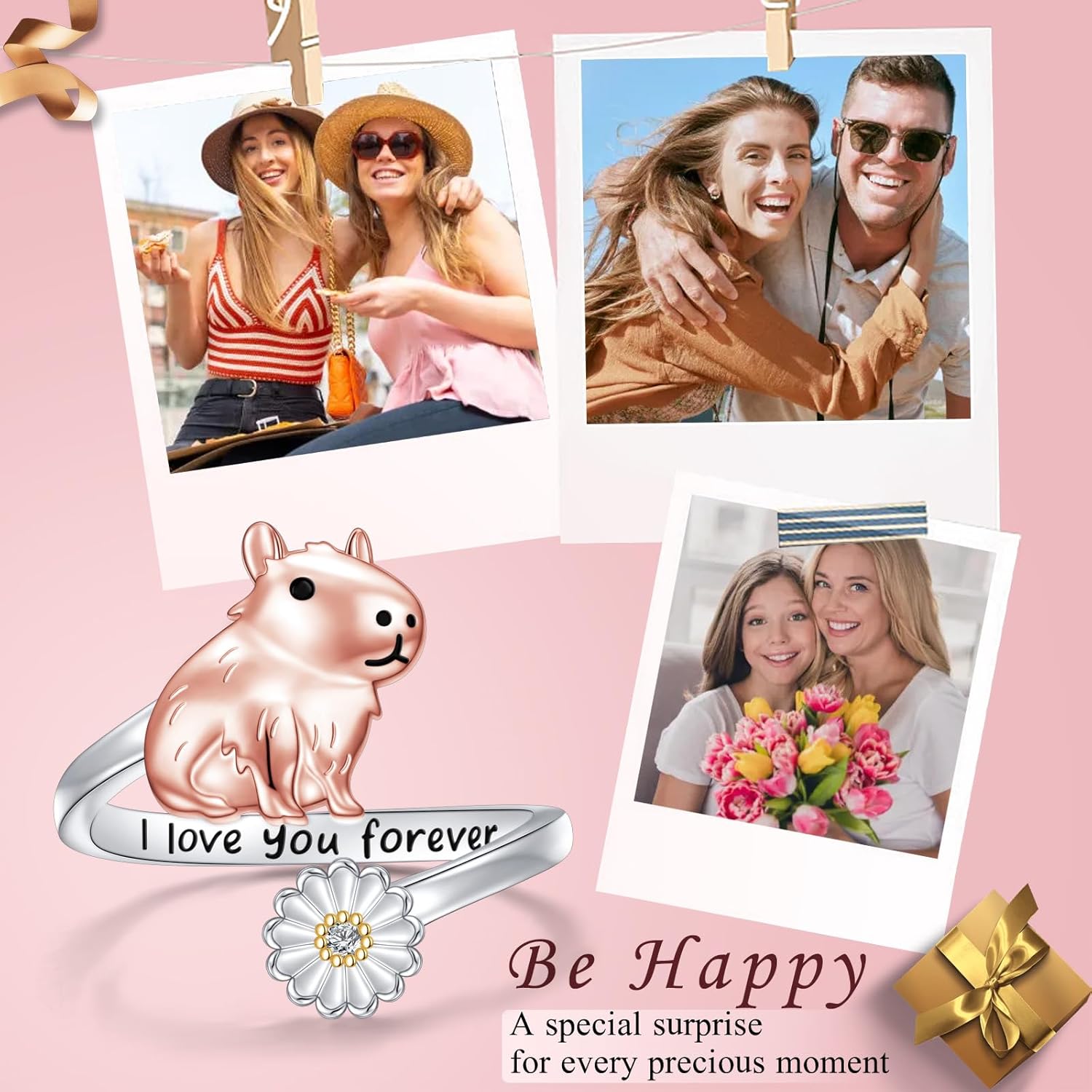 Capybara Ring 925 Sterling Silver Adjustable Cute Animal Open Rings with Daisy Capybara Jewelry Gift for Women - Image 6