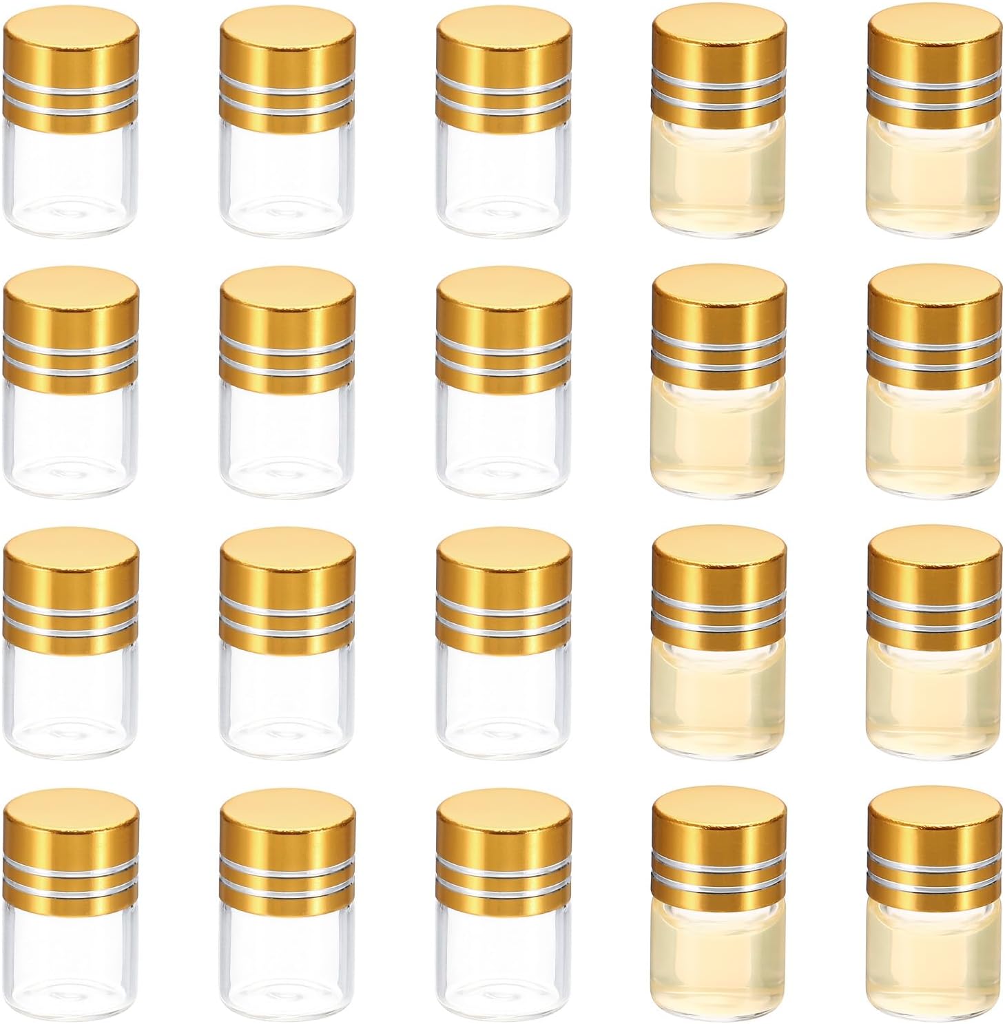 1ml Tiny Glass Bottles Vials, 20Pcs Mini Clear Bottles Glass Empty Jars Aluminum Screw Cap Tiny Vials Container for Powder Cream Art Craft, Golden