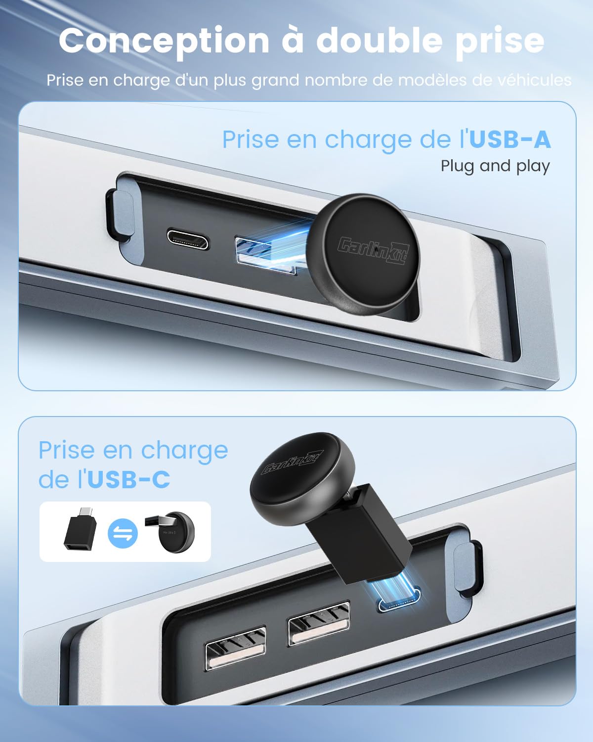 CarlinKit Mini adaptateur sans fil Ultra 3 – Convertit CarPlay/Android Auto filaire en sans fil, Plug-and-Play, USB/Type-C, mise à niveau OTA