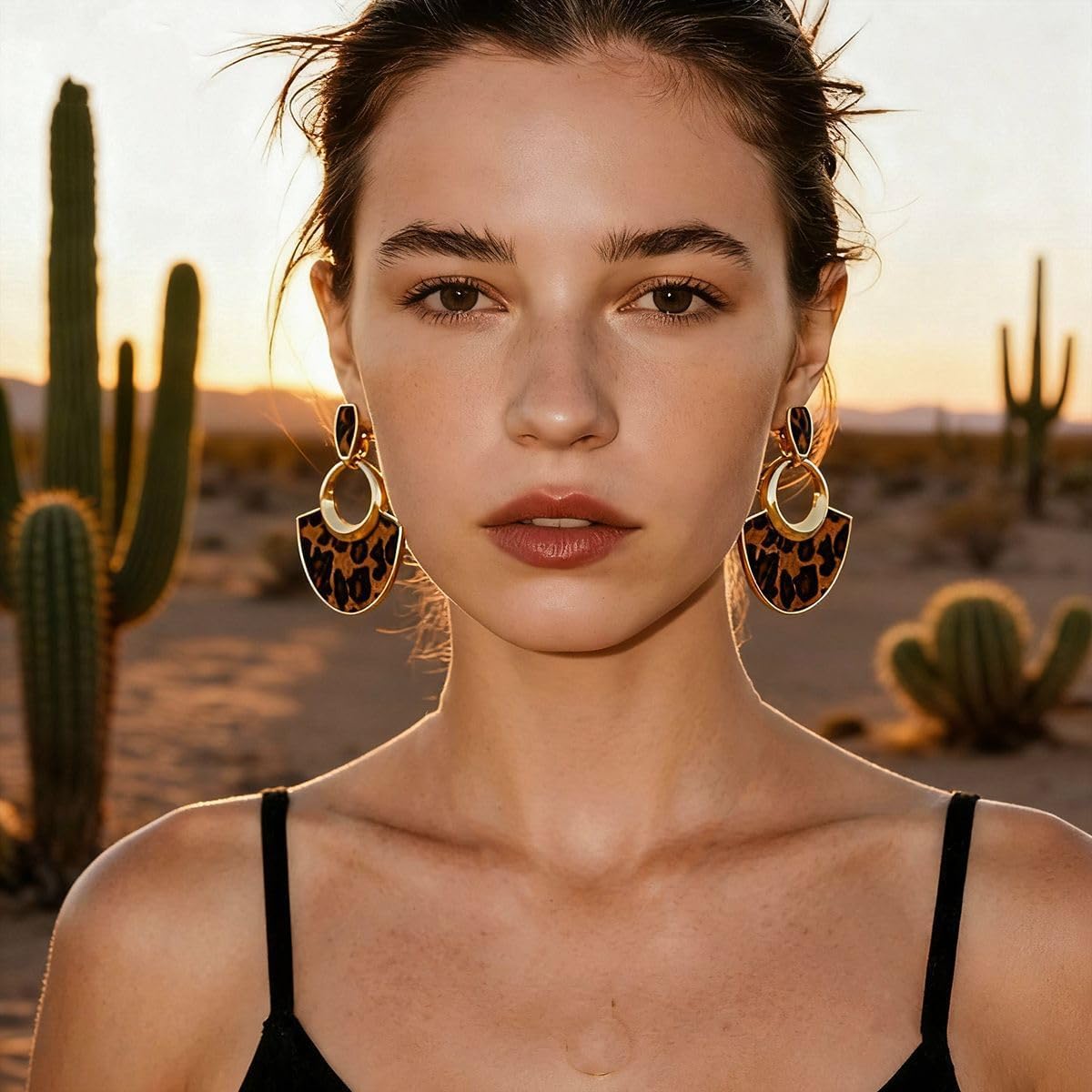 Leopard Earrings Cheetah Accessories for Women Brown Drop Dangle Earring Unique Geometric Rhombus Heart Circle Oval Fan-Shaped Earrings Statement Animal Print Stud Earring Vintage Christmas Holiday Leopard Lewelry - Image 4