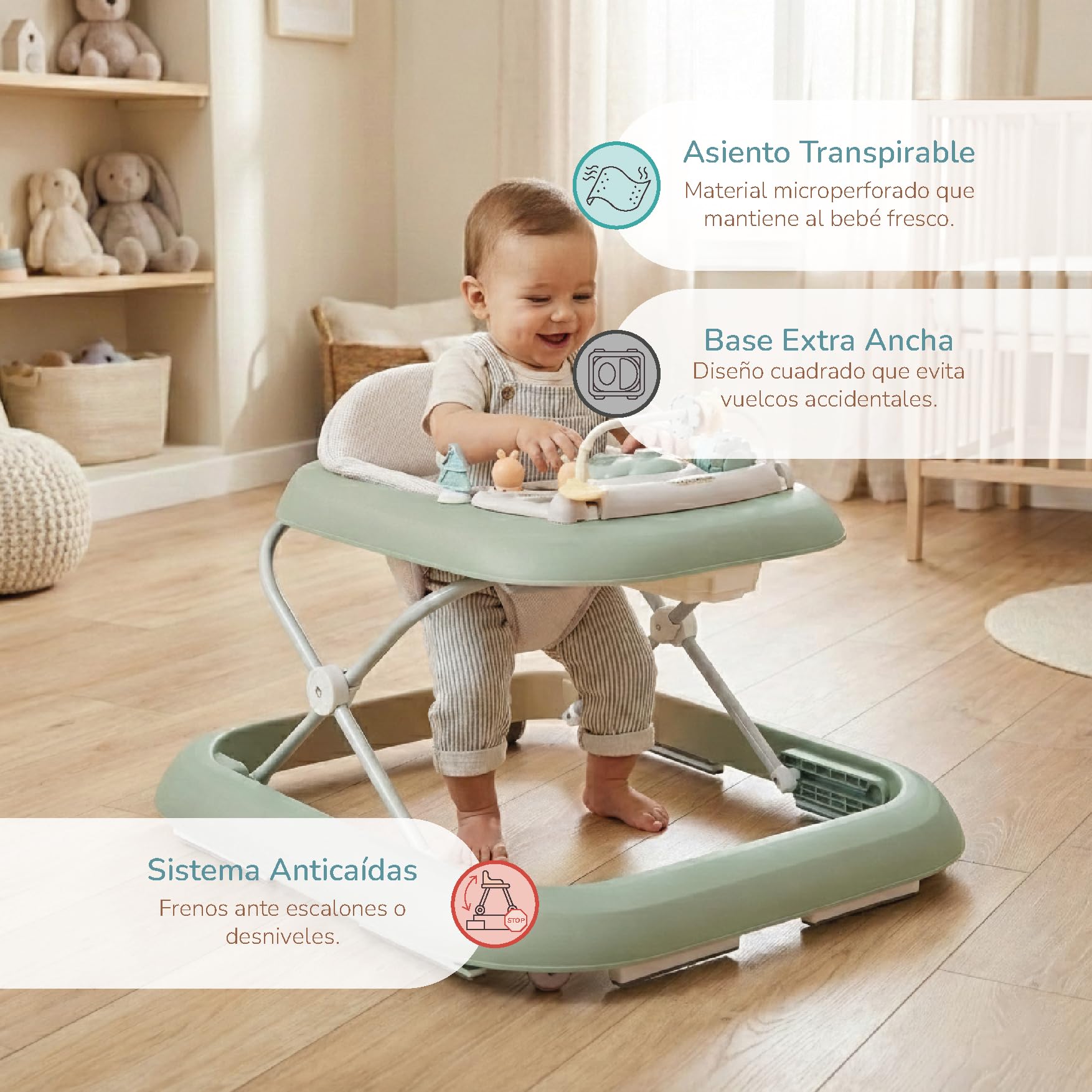 Buddy Baby Funny - Andador Bebe con Base Antivuelco - Incluye Bandeja De Sonidos Y Juegos (Verde)