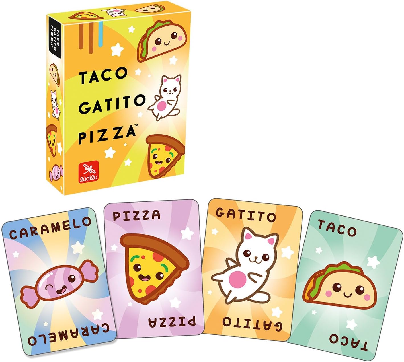 Cartas y componentes del juego Ludilo Taco Kitten Pizza