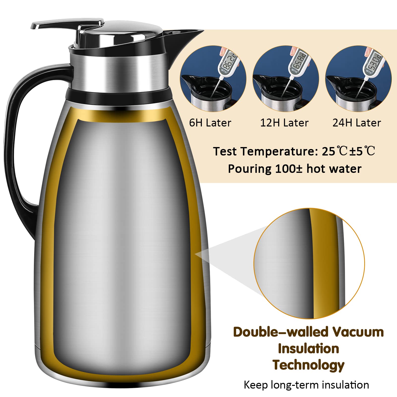 102 Oz Thermal Coffee Carafe,3 Liter Stainless Steel Thermos Carafe,Double Wall Insulated Coffee Server,Fully Sealed Coffee Thermos Dispenser Keep Hot 12 Hours,Vacuum Thermal Pot for Coffee,Tea