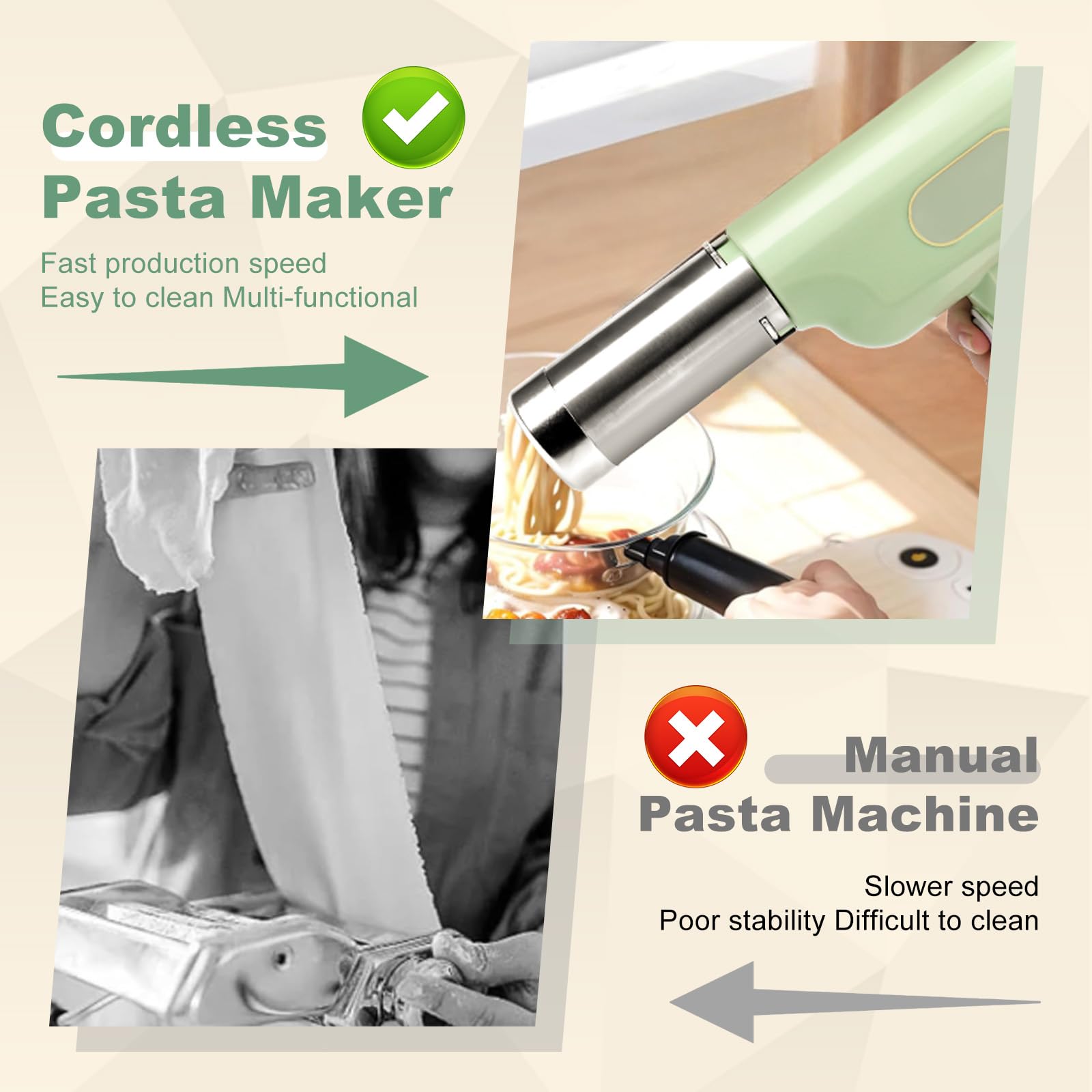 Machine à pâtes électrique, Presse à pâtes portable avec batterie 2600mAh, 5 moules à pâtes, 3 têtes à saucisses, spatule et verre doseur, Machine à pâtes automatique
