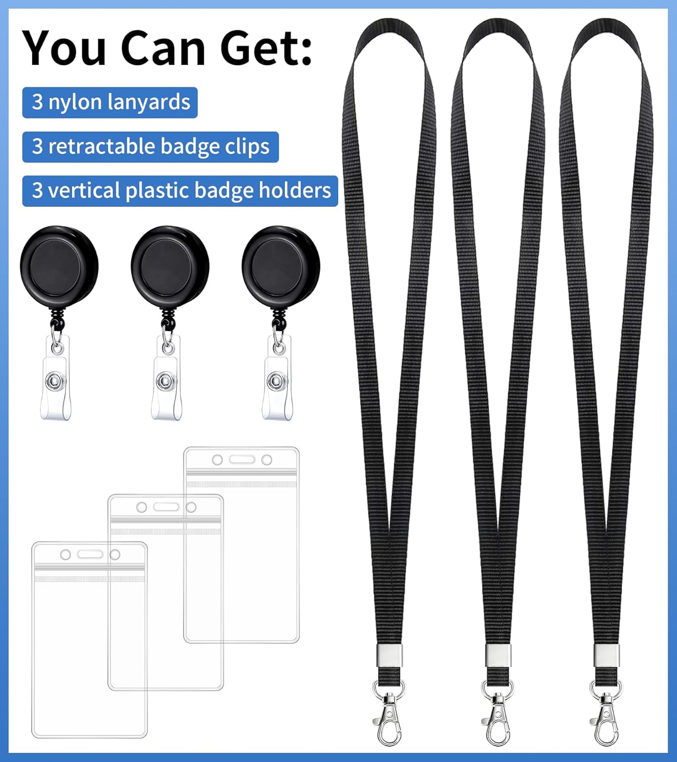 Teskyer 3 Pack Retractable Lanyards for ID Badges, Thick Clear Plastic ID Badge Holder with Lanyard and Badge Reel Clip for Name Work Cards, Cruise Ship Cards - Black Black 3 Pack Retractable