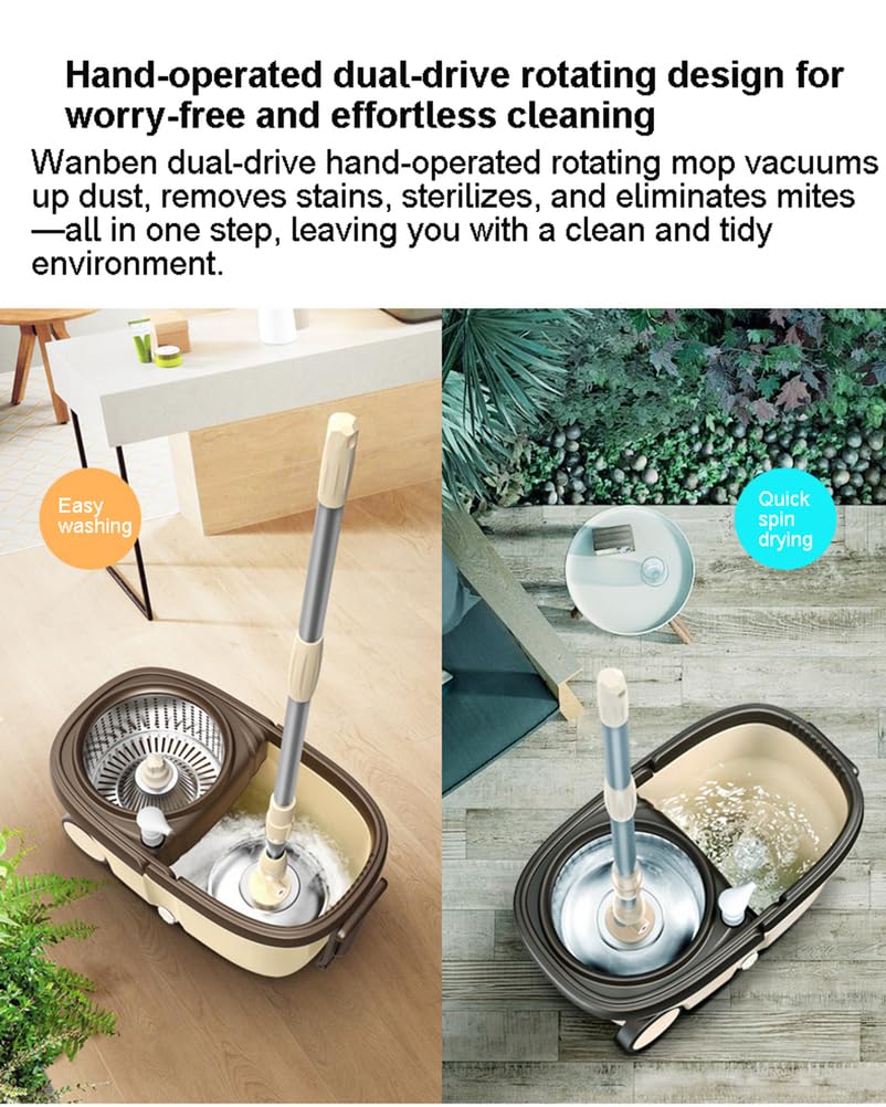 Fregona y Cubo giratorios, Cabezal de fregona de 360° | Uso húmedo y seco, sistema giratorio de limpieza de pisos, mango ajustable para limpieza de pisos