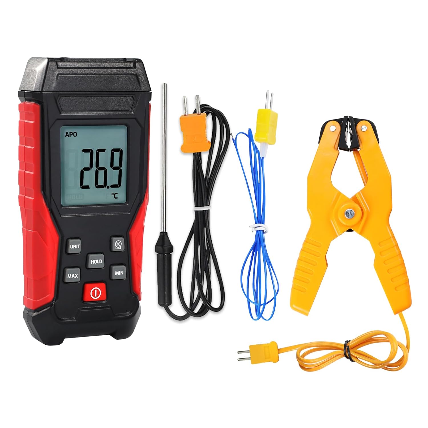 Digital Type K Thermocouple Thermometer HVAC Temperature Clamp Meter, -328°F~2501°F Range Single Channel K-Type Temperature Meter Gauge with Thermocouples & Lead Probe Pipe Clamp Measures -40°F~392°F