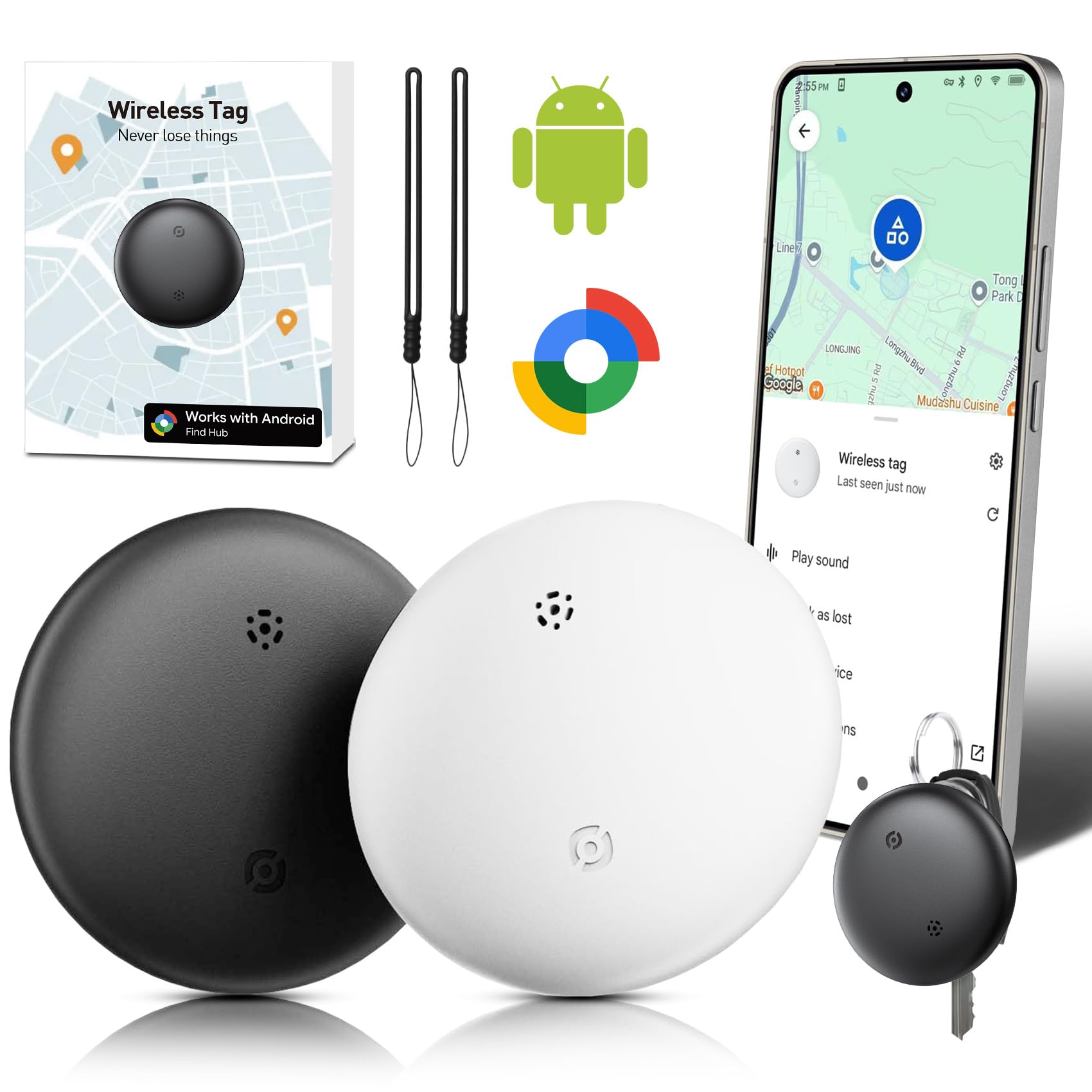 Smart Tracker Tag Android, Bluetooth Localizzatore Chiavi GPS Tracker (Solo Android) Funziona con Google Dov'è App Trova Oggetti Compatibile con Trova Dispositivo (Bianco+nero, 2 pack)