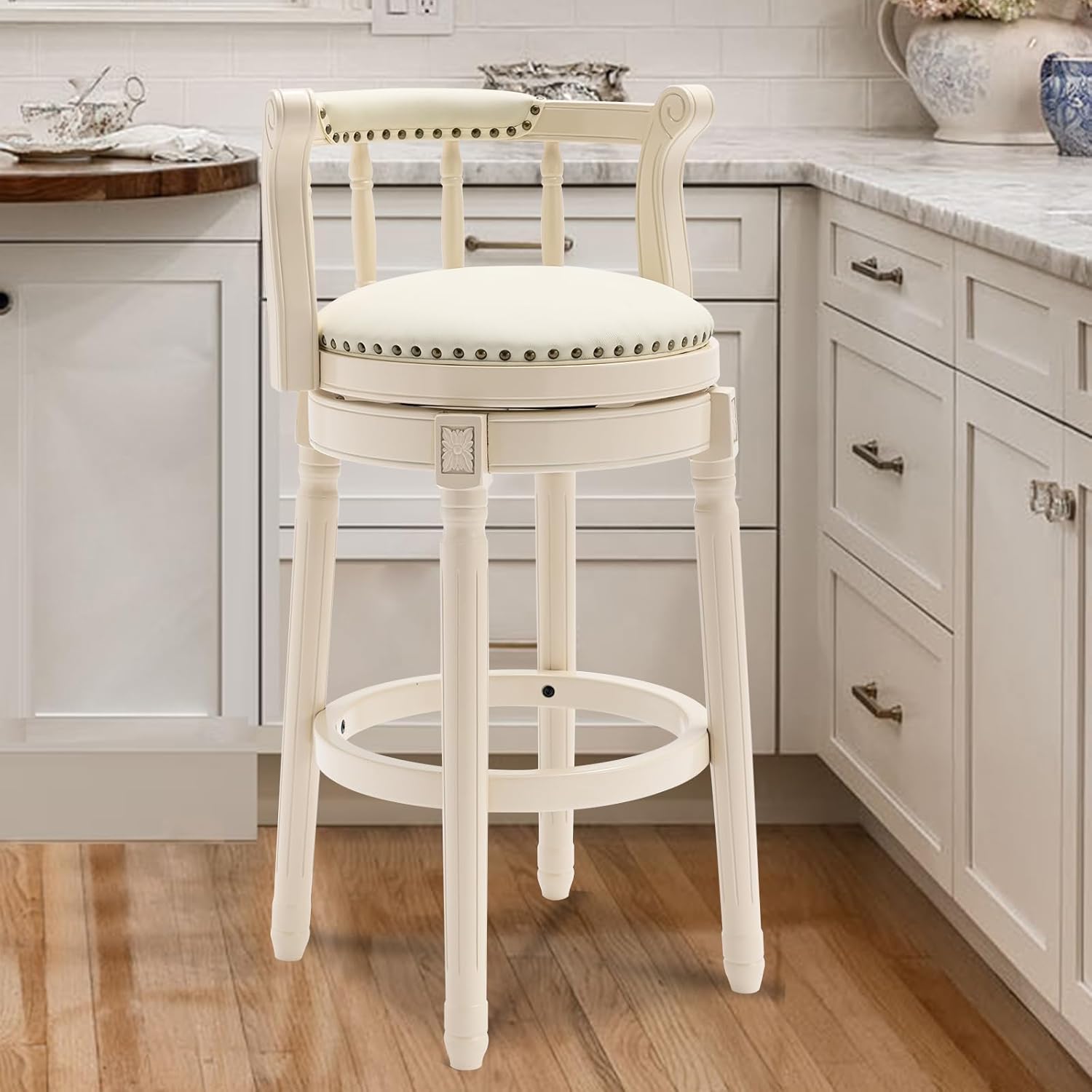 CozyRain Bar Stools Modern Swivel Barstools, Kitchen Counter Genuine Leather Upholstered Bar Stool Island Barstool with Footrest for Home Kitchen Dining Room (White, Seat Height 29.5 in)