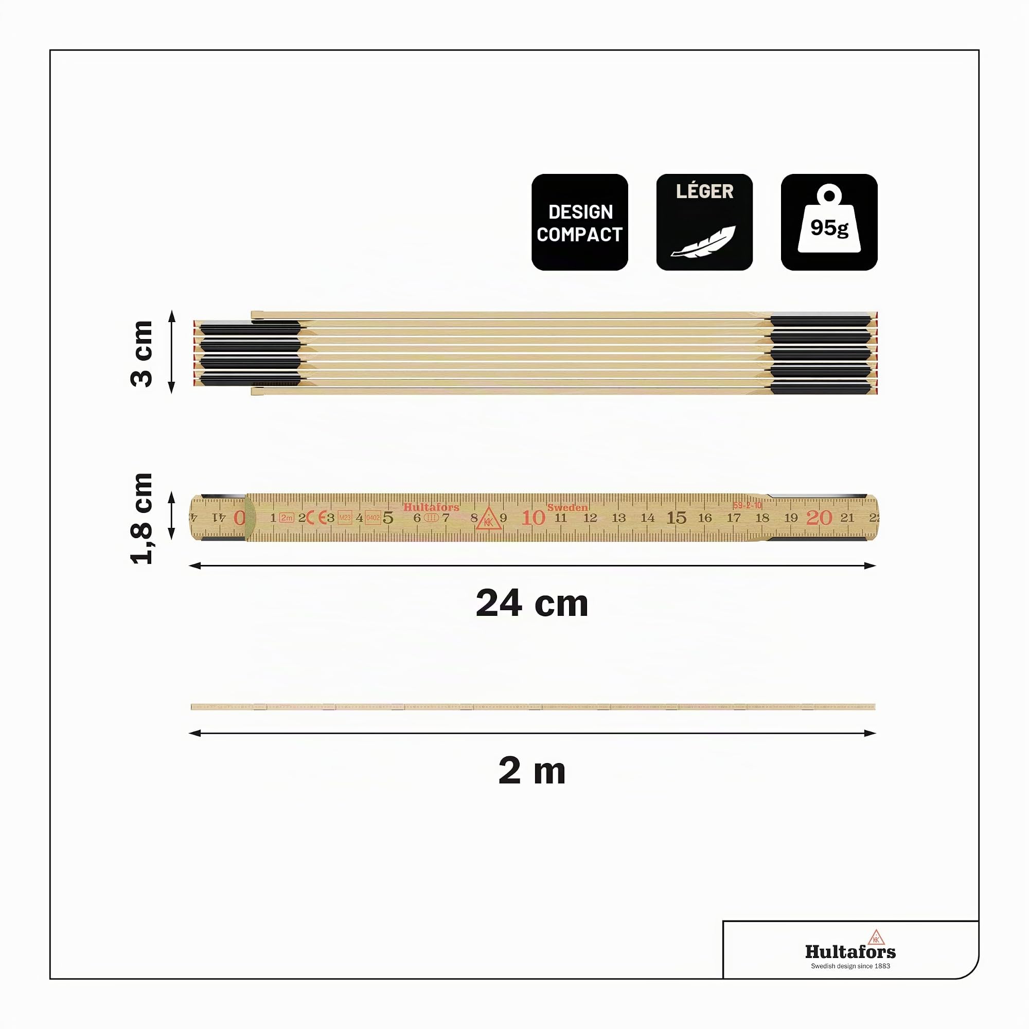 Swedenmeter® original multi-pack 3 pièces I Mètre pliant 2 m fabriqué en bouleau pubescent I Fabriqué en Suède I Mètre de poche haut de gamme, solide de classe UE III I Hultafors I 100012