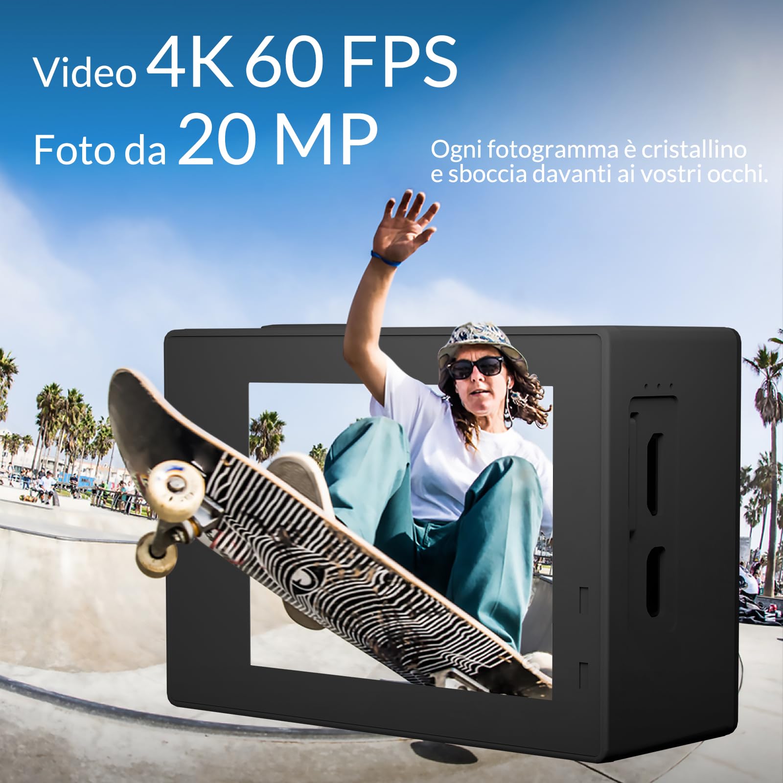 icefox Action Cam, 20MP Action Cam 4K con Touch Screen, Stabilizzatore EIS, impermeabile fino a 40m sotto l'acqua, con Microfono, grigio