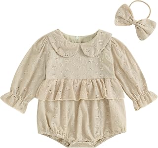 Infant Girl Rompers Cutout Lace Ruffles Doll Collar Long Sleeve Jumpsuits Newborn Clothes Bodysuits with Headband