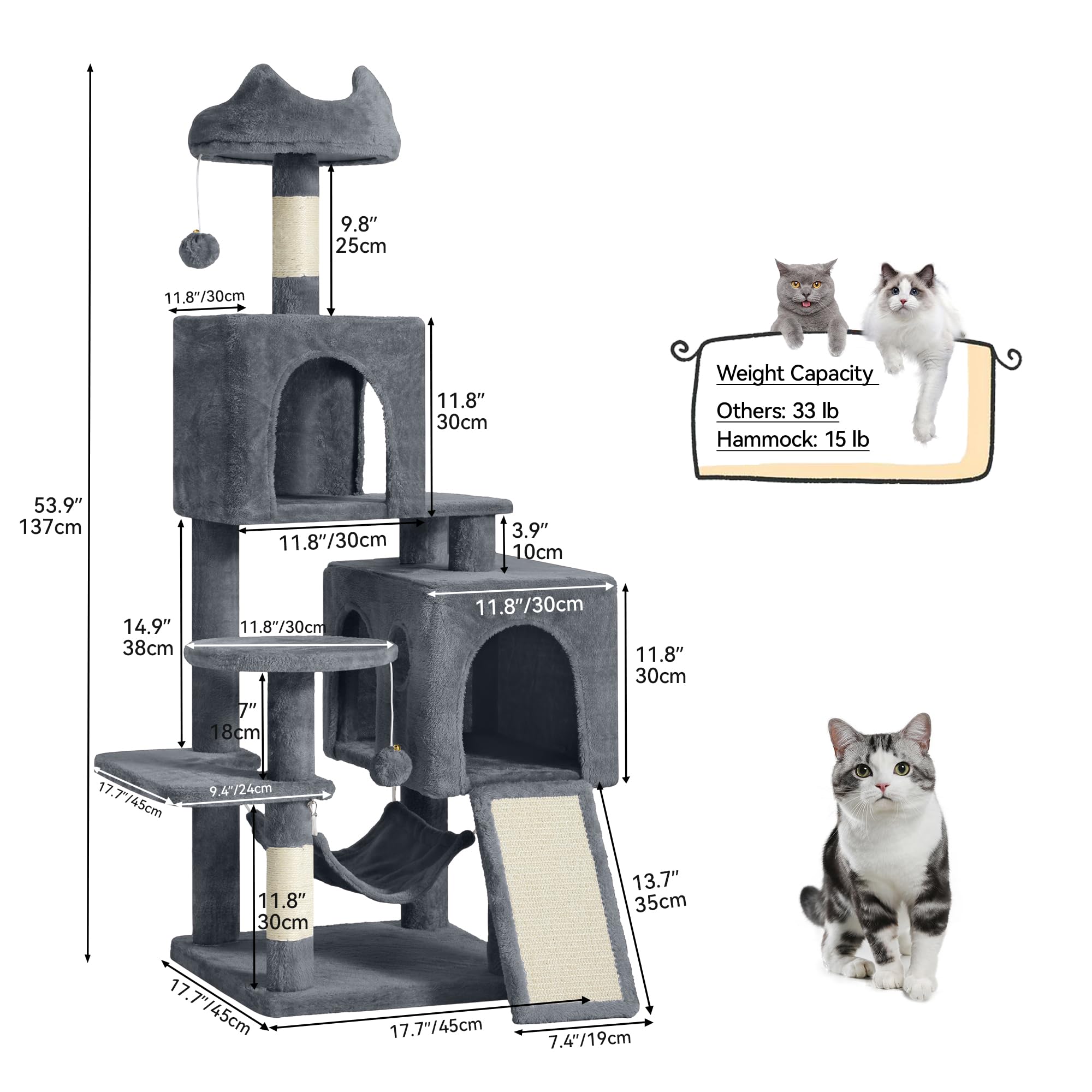 YITAHOME Tall Cat Tree for Indoor Cats, 75 inch Multi-Level Cat Tower with Cat Condos, Top Perches, Sisal Ramp Scratching Posts, Cozy Basket, Hammocks, Large Cat Pet Activity Structure,Pink: YITAHOME 54in Cat Tree Tower Condo, Multi-Level with Sisal Scratching Post, Cat Condos, Plush Top Perches, Hammock, Space Saving Cat Condo, Dangling Ball, Pet Play House, Perfect Pet Gift, Dark Gray