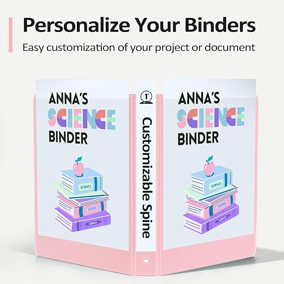 2 Pack BinderX Extra Durable 3 Ring Binder, 1 Inch Binder Round Rings, Fits 350 Sheets of 8.5x11 Paper, Customizable View Cover with Inside Pockets, Cute 1 Inch Binders 3 Ring, Pink & Blue