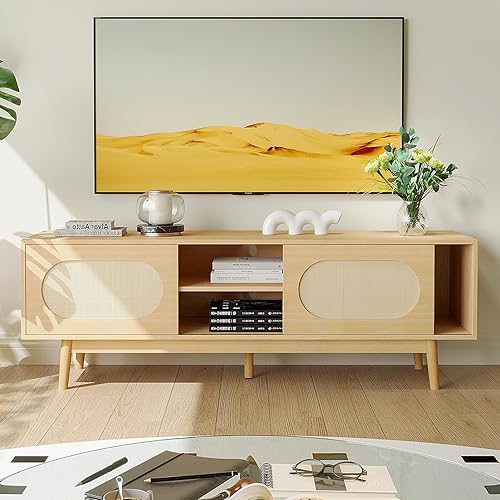 VOWNER Soporte de TV de ratán rústico para TV de 556065 pulgadas, moderno centro de entretenimiento con puerta de ratán natural y 2 estantes