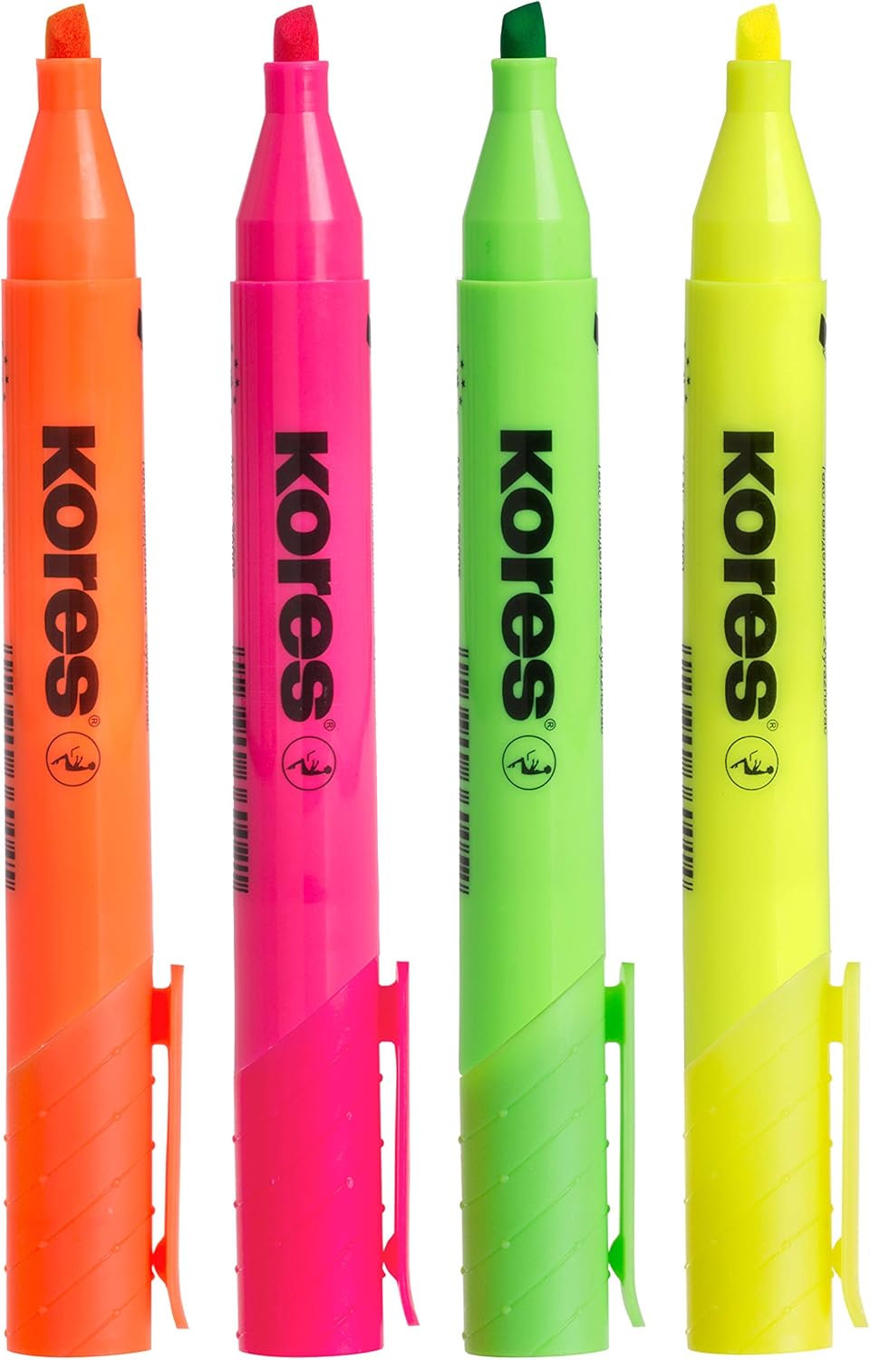 Kores - Fluorescent Highlighter Pen - High Liner Plus, Fluorescent, Water Based-Ink Highlighter Pen with Ergonomic Shape - Stationery School Supplies, Office Supplies - Pack of 4 in Assorted Colours