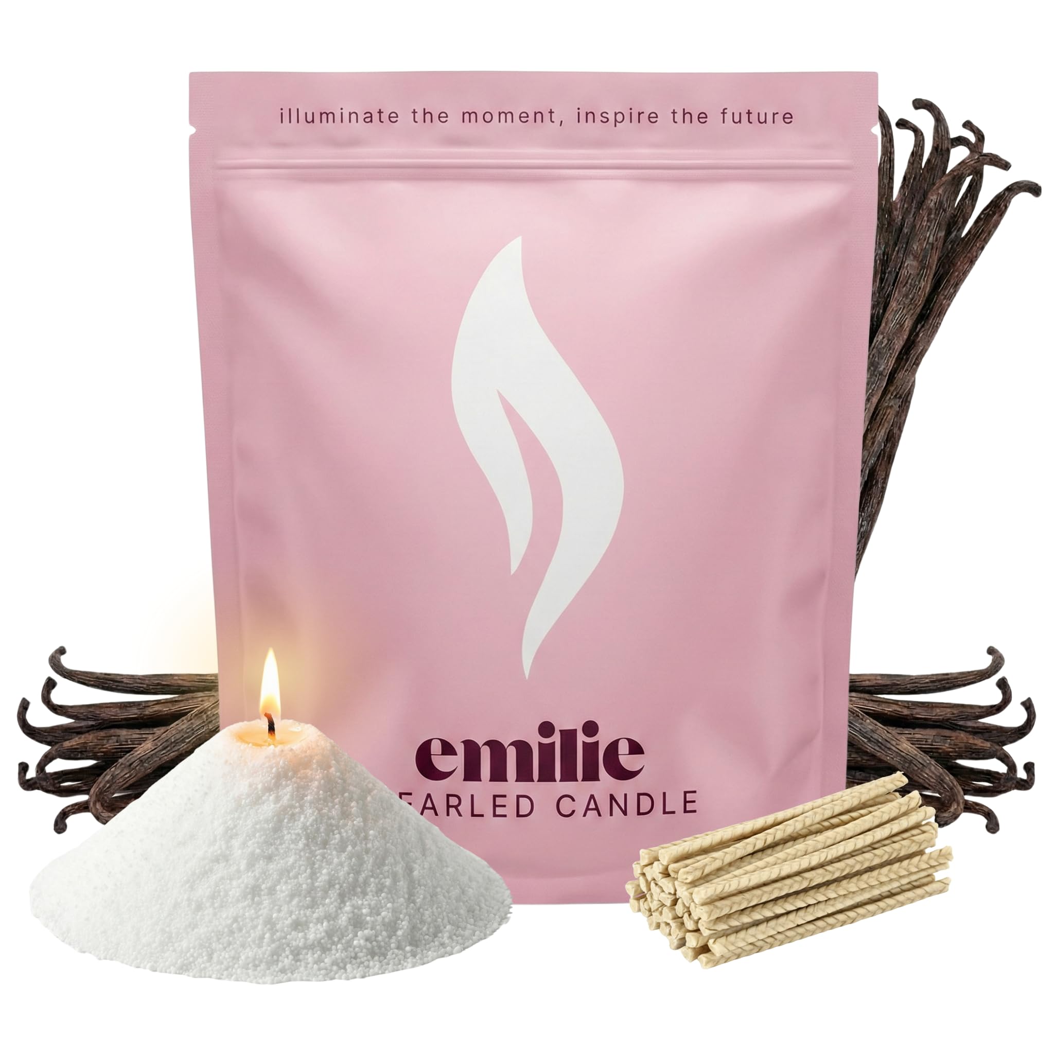 Emilie Pearled Candle 1kg Refillable Wax Pearls – Vanilla Scented Candle for Any Container – Self-Extinguishing, Plant-Based, Reusable – 50 Cotton Wicks, 200h Burn (White Natural)