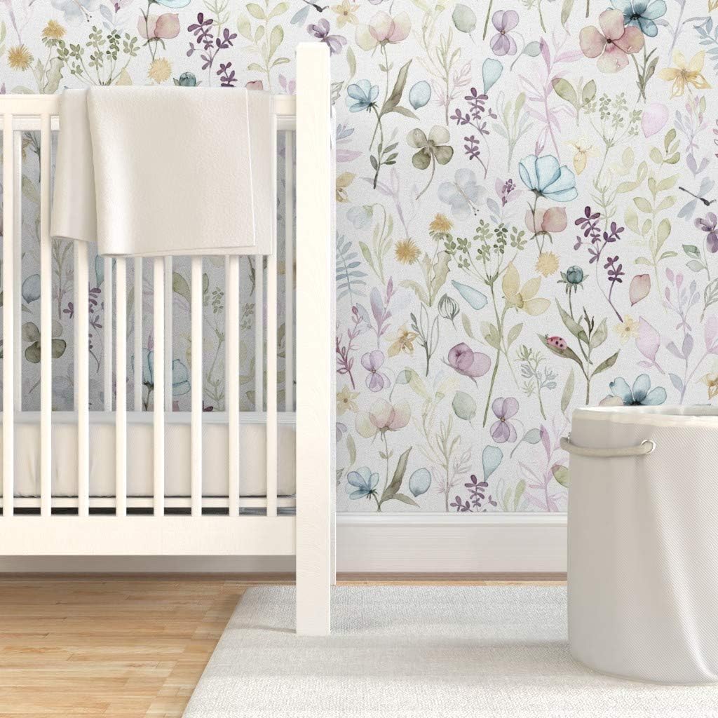Peel & Stick Wallpaper 3ft x 2ft - Spring Floral Meadow Butterflies Romantic Illustration Flowers Pastel Custom Removable Wallpaper by Spoonflower