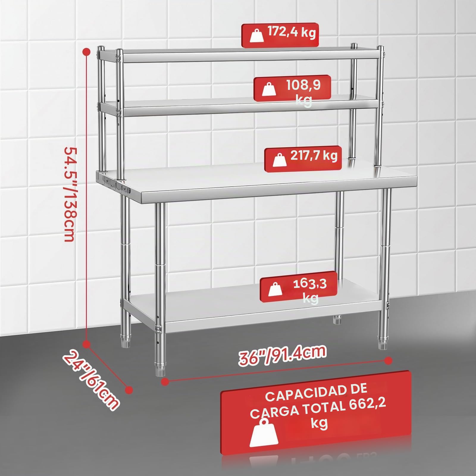 Mesa de Trabajo de Acero Inoxidable con 2 estantes Superiores, 91 x 61 x 138 cm, Mesa de Trabajo, Cocina, Capacidad de Carga, 662 kg, Patas de Acero Inoxidable para Cocina, Restaurante