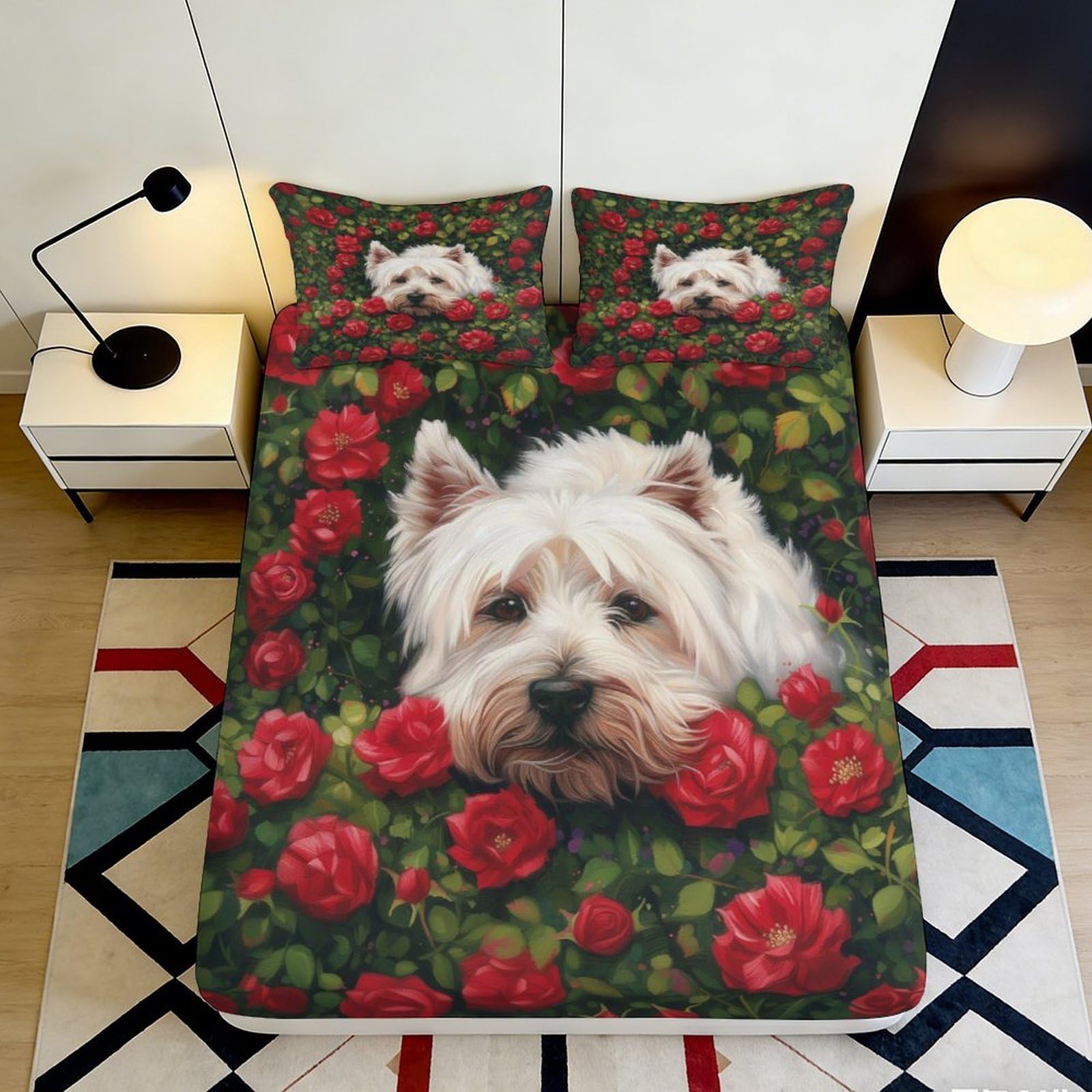 3D Printed White Westie Dog Fitted Sheet Microfiber Red Rose Bed Cover Non-Slip Machine Washable Bedroom Decor 90x200x25cm