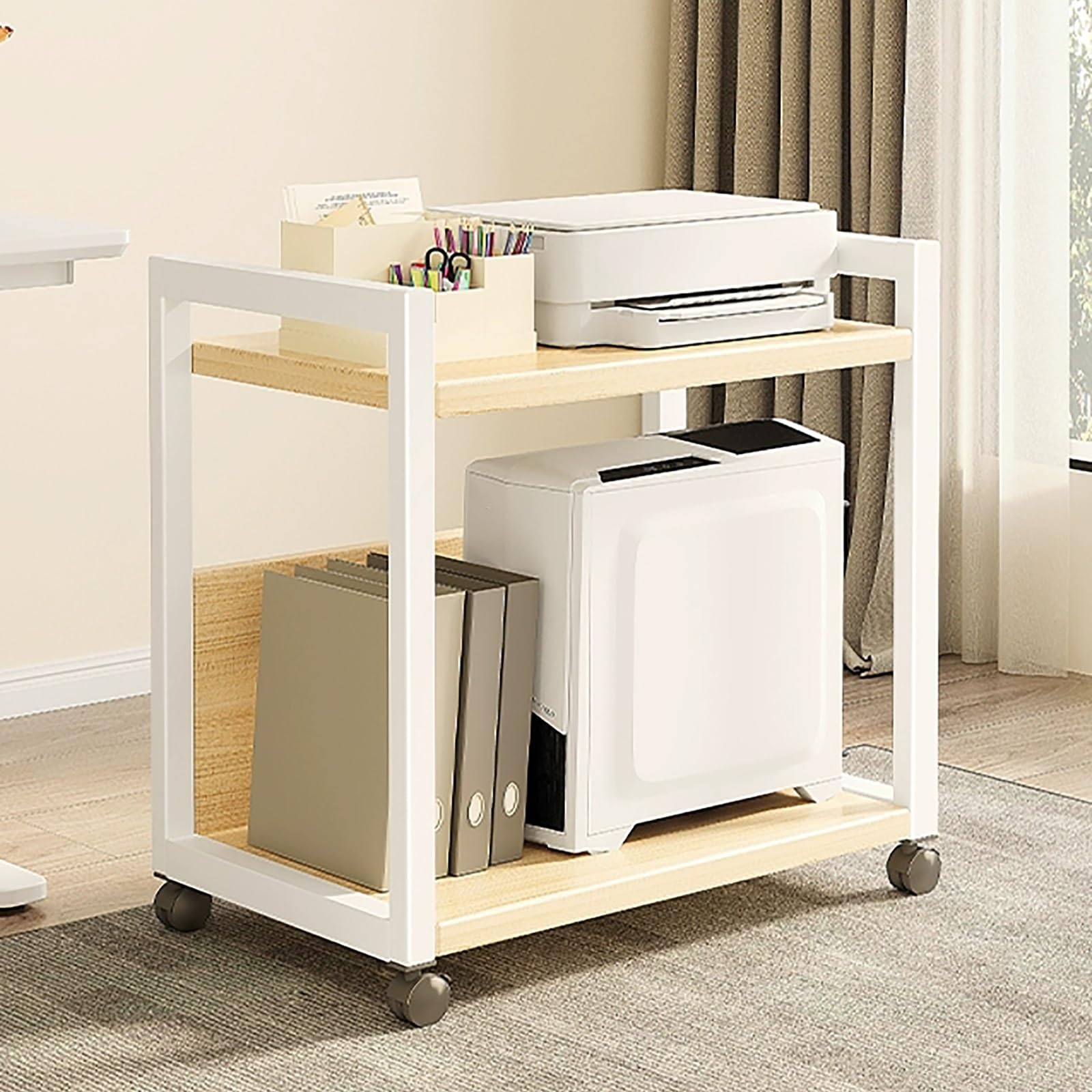 Supporto regolabile per stampante a rullo con ripiano portaoggetti, supporto per CPU industriale, carrello per computer portatile, tavolo per fax, scanner e file (finitura naturale, 50,8 x 30,5 x 55,9