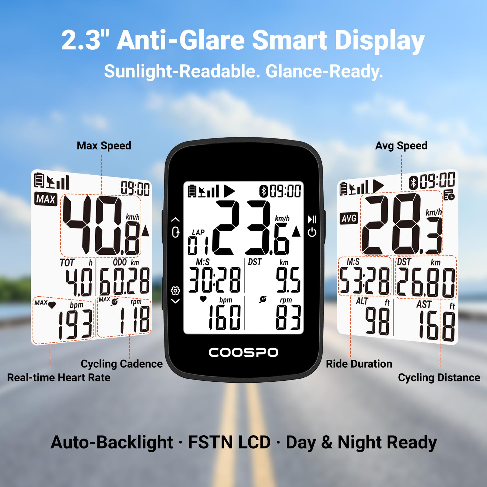 COOSPO BC26 Compteur Velo GPS, Bluetooth 5.0 Ordinateur Vélo Kilométrique Odomètre, Écran LCD rétroéclairé de 2.3 Pouces Compatible avec Strava, Route et VTT