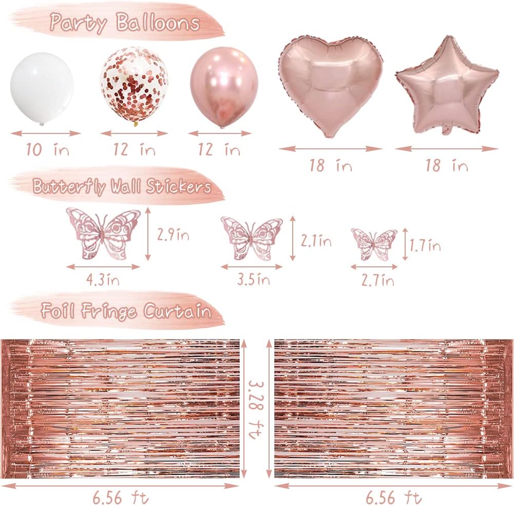 Rose Gold Birthday Decorations, Rose Gold Happy Bday Banner, Balloons, Tablecloth Fringe Curtains Pennant Banner and 3D Butterfly Stickers for Women Birthday Party Supplies - Image 4