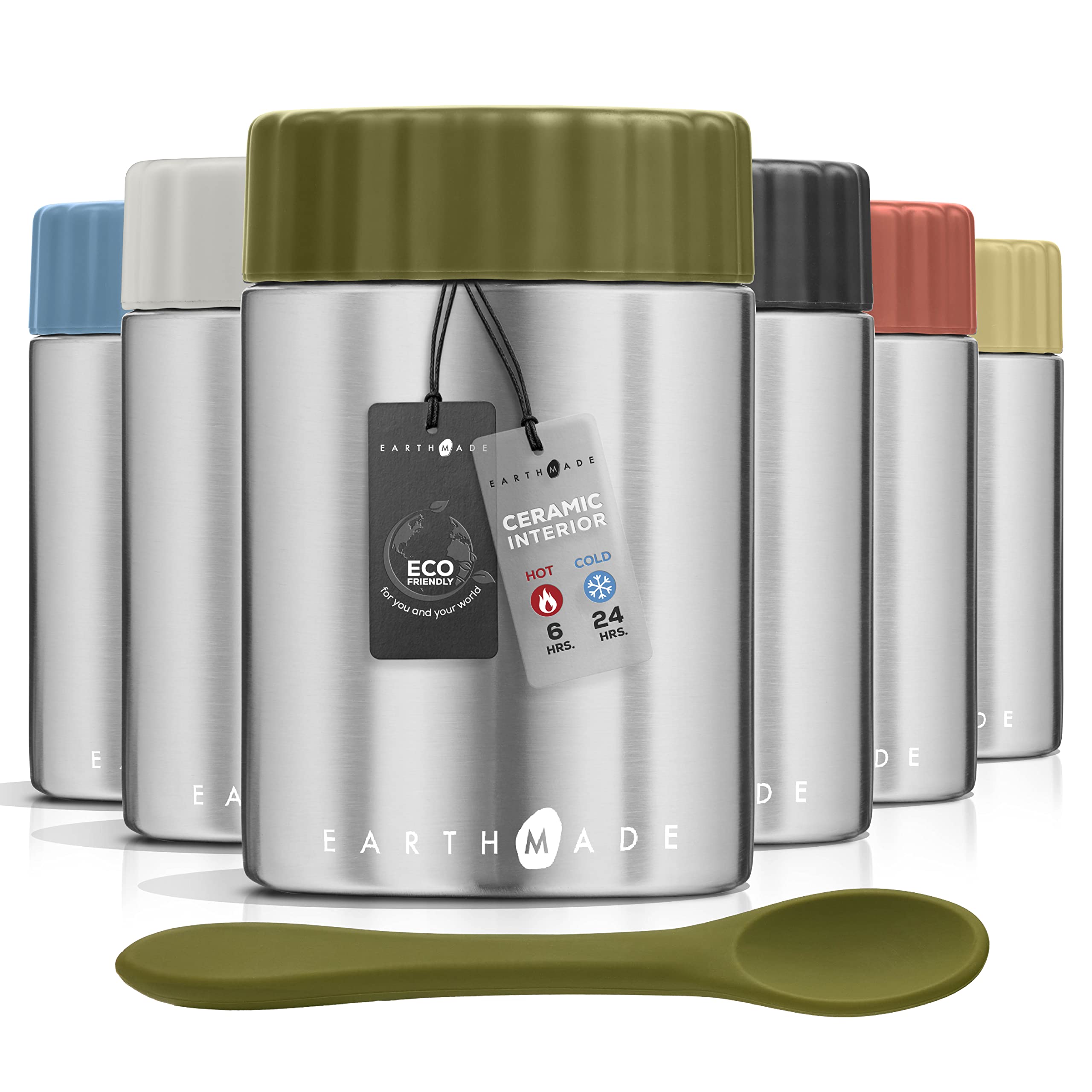 Earthmade Stainless Steel Insulated Food Jar,13 oz Food Thermos for Hot Soup & Cold Fruit, Ceramic Interior Food Container, Silicone spoon Eco-Friendly