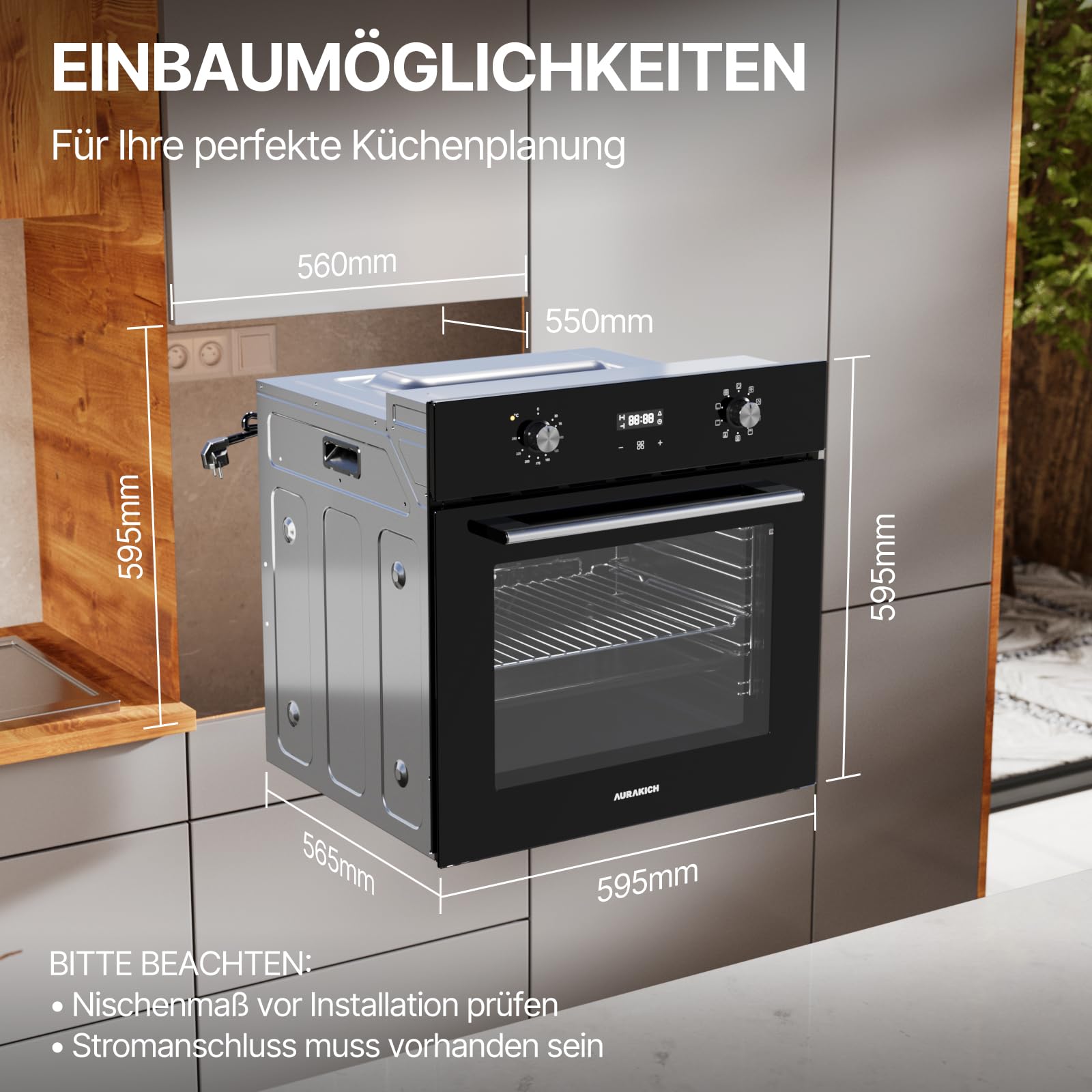 Einbaubackofen 60 cm, 70 L Volumen, 4D Heißluft, 8 Heizarten, Schnellaufheizung, inkl. Timer & Kindersicherung, Energieeffizienz A, 3 Jahre Garantie, Schwarz
