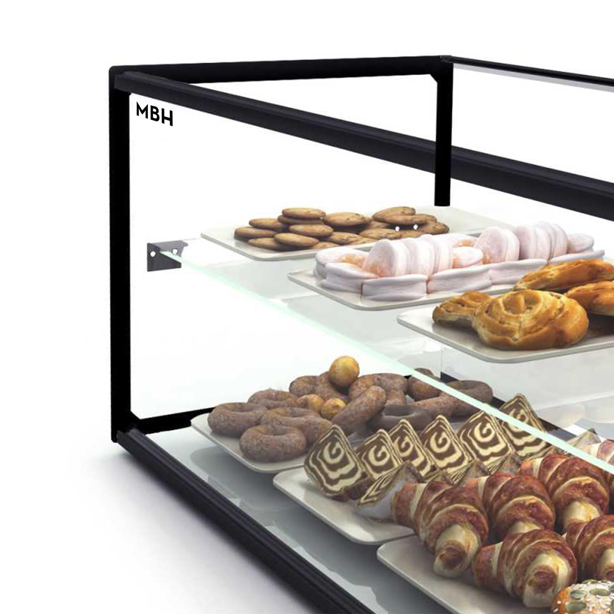 MBH - Vitrina Expositora Neutra de Sobremostrador 120x39 cm, Cristal Recto Templado, 2 Pisos, sin Iluminación LED, Puertas Traseras Correderas, para Bar, Cafetería, Restaurante, Bollería y Repostería.