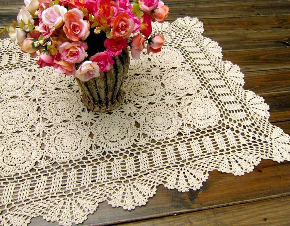 Damanni Rectangular Cotton Handmade Crochet Lace Table Runner Doilies Table Dresser Scarf Dรฉcor,19 Inch by 24 Inch๏ผBeige