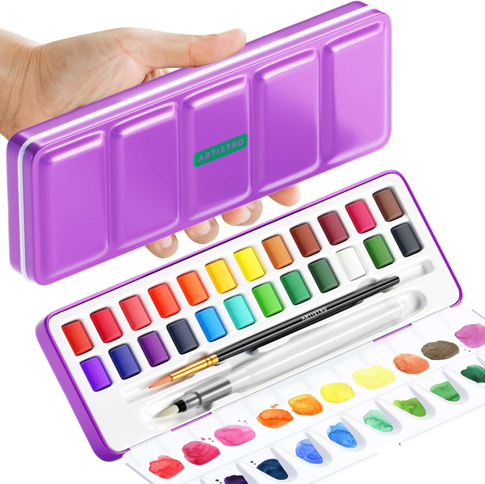 ARTISTRO 24 Watercolour Paint Set - Travel Watercolour Set in Portable Box, Mini Watercolours for Kids, Adults & Hobbyists - Great Gift