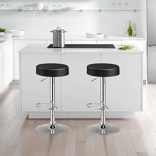 Miniatura 4 de COSTWAY Juego de 4 taburetes de bar, modernos taburetes de bar redondos giratorios sin espalda, de piel sintética sin brazos con altura ajustable,