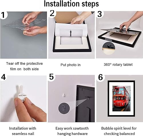 Miniatura 4 de Juego de 4 portarretratos de 8 x 10 pulgadas, portarretratos negros con paspartú, fotos de 5 x 7 o 8 x 10 pulgadas sin paspartú, vidrio de PVC, para