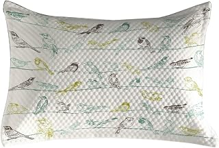 Ambesonne Birds Quilted Pillowcover, Various Type of Birds Sitting and Chirping on Wires Musical Creatures Print, Standard King Size Accent Pillow Cover for Bedroom, 36" x 20", Pale Green Brown